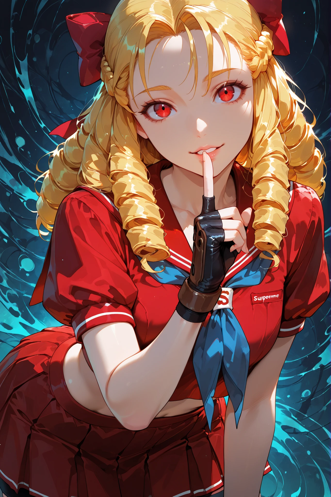 1girl, Karin Kanzuki, blonde hair, drill hair, hair bow, red sailor collar, short sleeves, red shirt, puffy short sleeves, blue neckkerchief, midriff, red skirt, shorts under skirt, fingerless gloves, good , standing, abstract background, looking at viewer, index finger raised, finger to mouth, shushing, hand up, headtilt, head turned, parted lips, psychopathic smile, scary, leaning forward, closeup, top quality, supreme masterpiece, ultra detailed, very aesthetic 