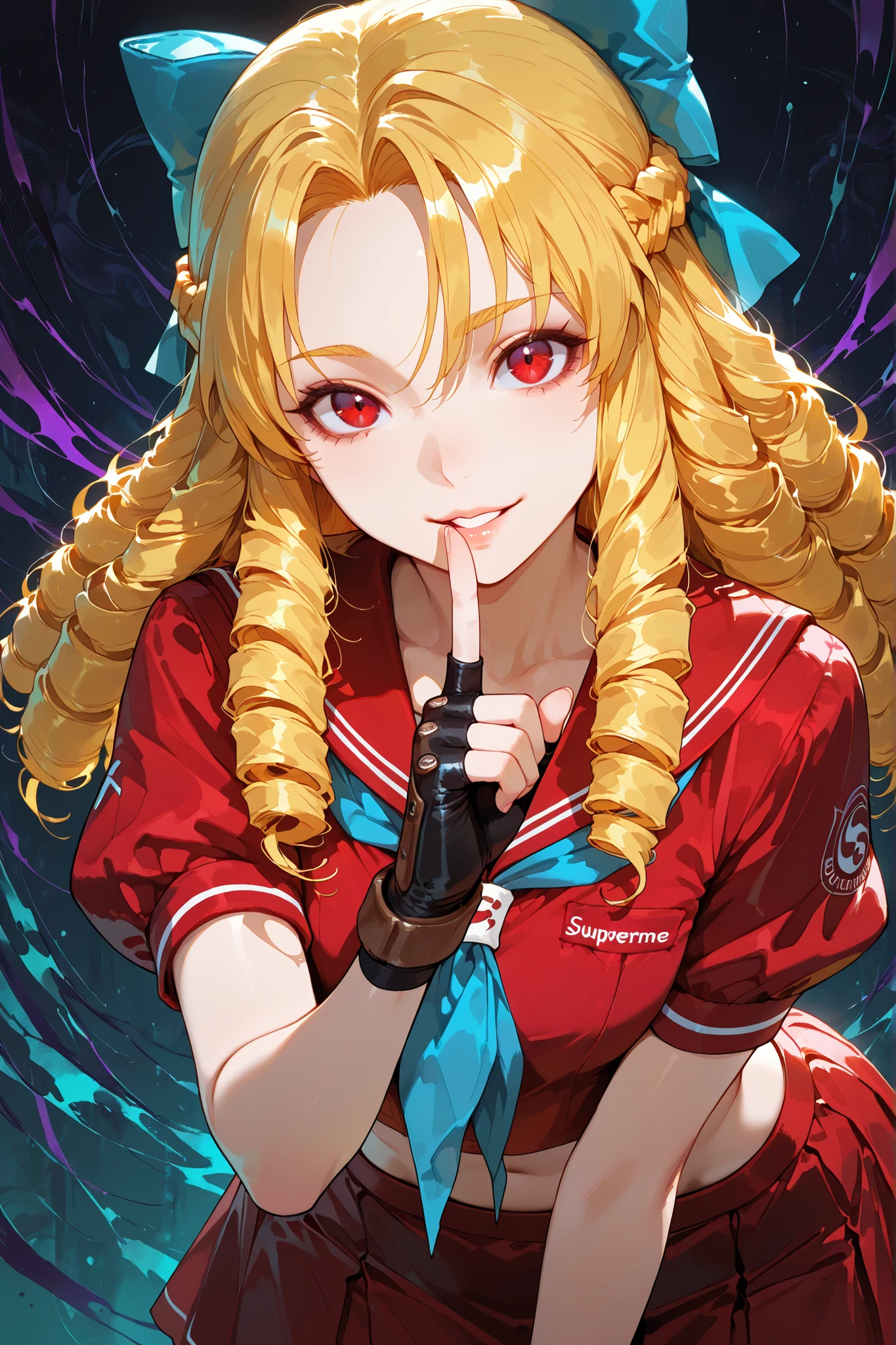 1girl, Karin Kanzuki, blonde hair, drill hair, hair bow, red sailor collar, short sleeves, red shirt, puffy short sleeves, blue neckkerchief, midriff, red skirt, shorts under skirt, fingerless gloves, good , standing, abstract background, looking at viewer, index finger raised, finger to mouth, shushing, hand up, headtilt, head turned, parted lips, psychopathic smile, scary, leaning forward, closeup, top quality, supreme masterpiece, ultra detailed, very aesthetic