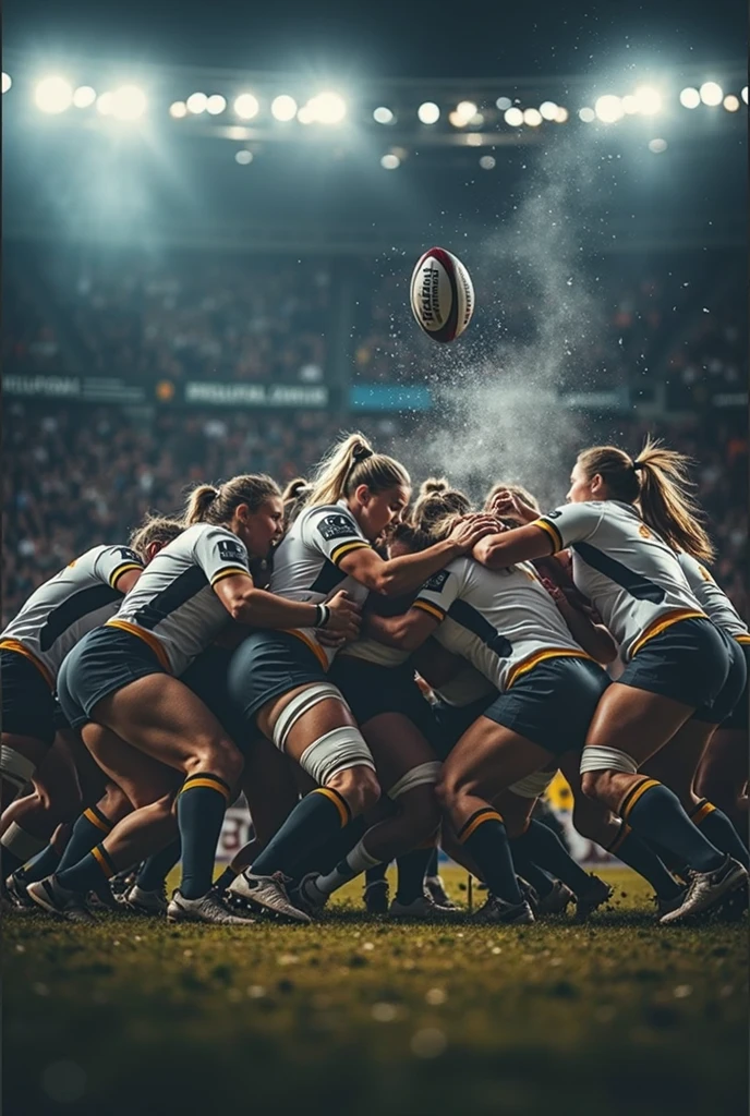 A dramatic rugby scrum taking place under brightly lit stadium lights ...
