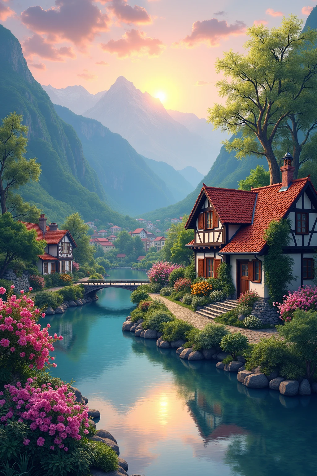 a small village by the river，Background is mountains，Flowers bloom，Brightly colored，Detailed Scenery，Beautiful Natural Scenery，Ambiance Lighting，Burning Sunsets，a warm color palette，utility，utility摄影，Detailed Leaves，Intricate architecture，cobblestone streets，charming country house，Swirling bright colors，dense vegetation，Intricate architecture，picturesque，Relaxed and Quiet，artwork of a，Best quality，8k，Extremely detailed，Anime Style