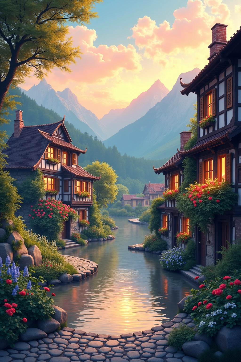 a small village by the river,Background is mountains,Flowers bloom,Brightly colored,Detailed Scenery,Beautiful Natural Scenery,Ambiance Lighting,Burning Sunsets,a warm color palette,utility,utility摄影,Detailed Leaves,Intricate architecture,cobblestone streets,charming country house,Swirling bright colors,dense vegetation,Intricate architecture,picturesque,Relaxed and Quiet,artwork of a,Best quality,8k,Extremely detailed,Anime Style
