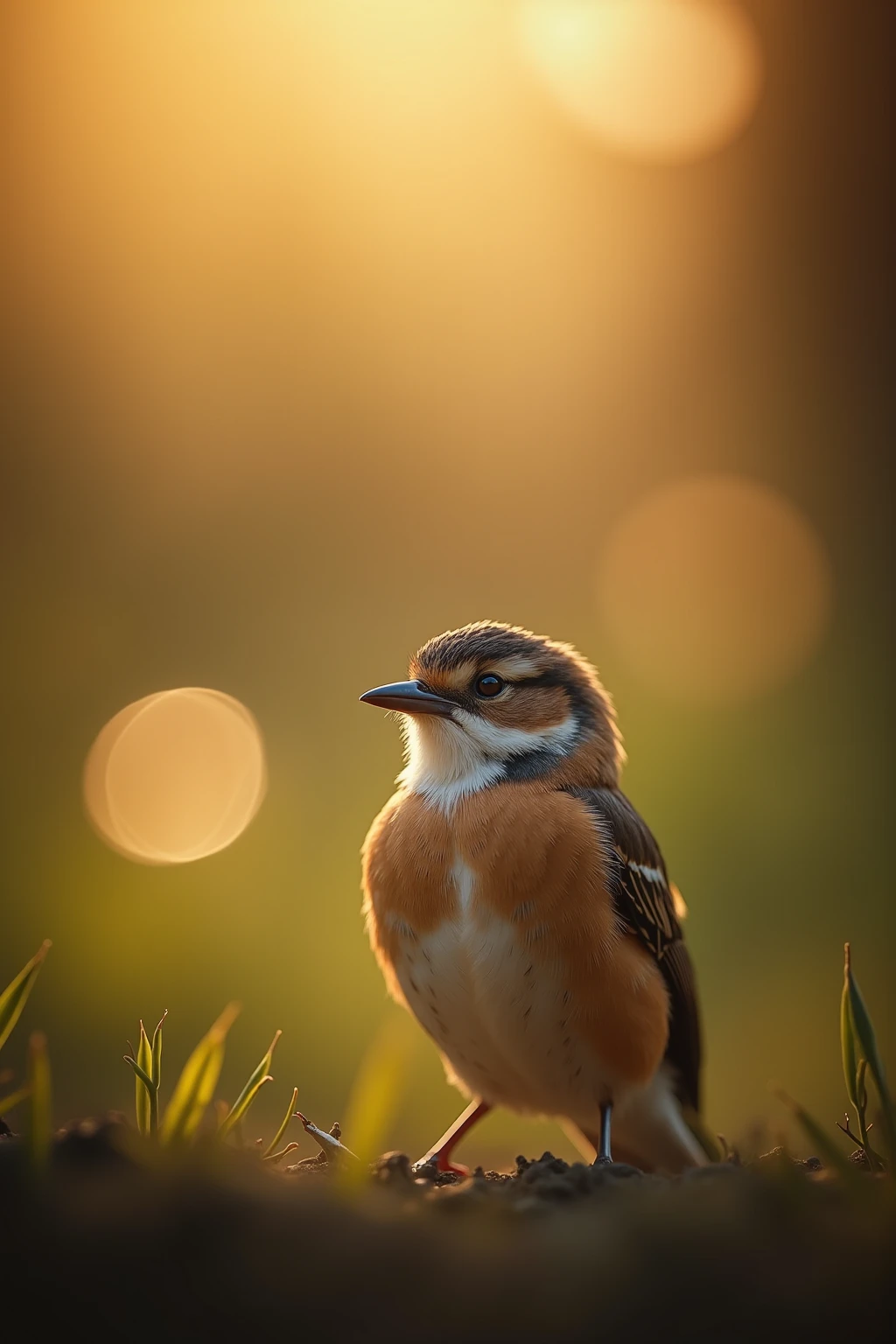 A charming close-up photo,shows a beautiful bird,illuminated by soft golden light on a quiet morning,with a bokeh ball gently framing its petite body