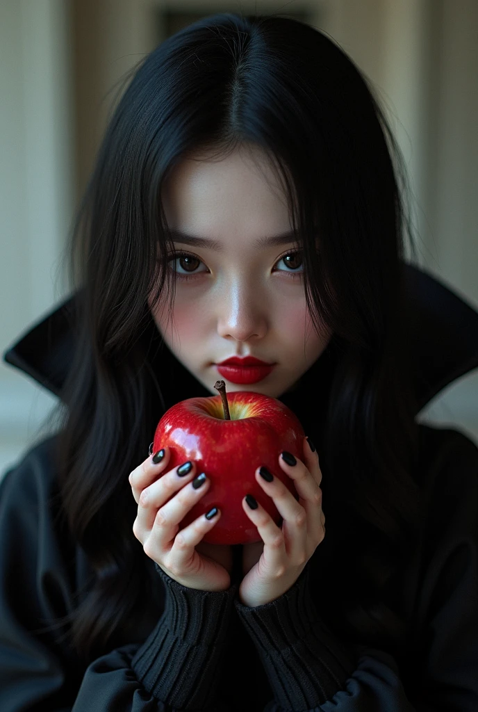 ((RAW photos)，Absurd，(Absurd分辨率))，masterpiece，Best quality，(Extremely Detailed 8k Unity CG Wallpaper)，(Most Best Illustration)，(best shadows)，Realistic lighting，beautiful and detailed brilliance，((21yo))，girl，longblackhair，Black Queen，accessories for girls，Hold an apple，Poison apples，Queen of Witches，red lipsticks，(((Her Photographic Perspective)))