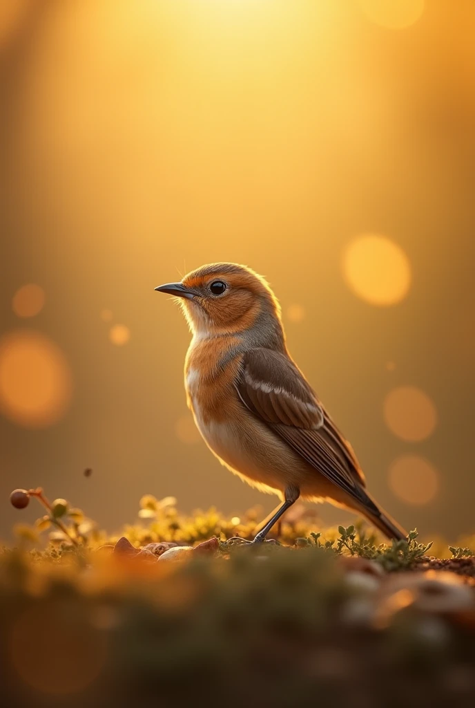 A charming close-up photo,shows a beautiful bird,illuminated by soft golden light on a quiet morning,with a bokeh ball gently framing its petite body