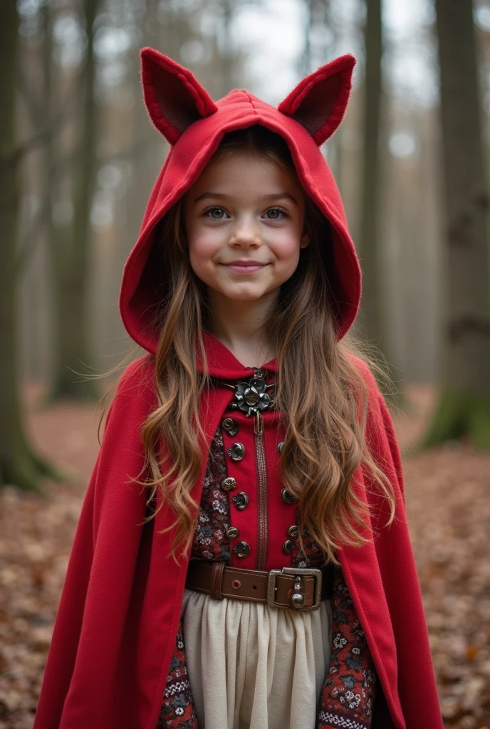 beautiful detailed little girl with bright blue eyes, vibrant red lips, long curled eyelashes,carrying a basket:(best quality,4k,8k,highres,masterpiece:1.2),soft pastel,forest, in the woods little red riding hood