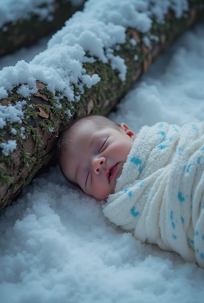 medieval Hungary, newborn baby lies wrapped in wool and fur at the edge of the forest, snow, night, eerie, mystical, cinematic scene from film