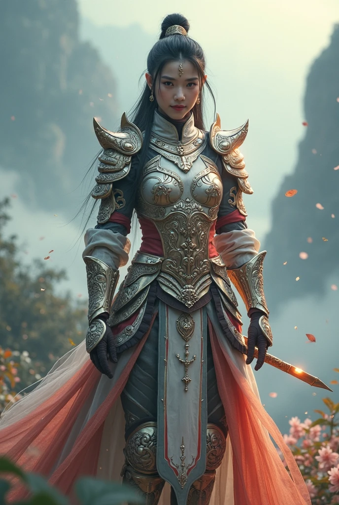 Ultra-realistic photo of a powerful big-breast fantasy beautiful Thai female full-armored heroine with long hair,evil sly smile,wearing highly detailed red and gold Royal-Thai pattern with metallic gold textures and weathered surface armored, ** Royal Thai ornament hat**, right hand holding a long gigantic royal Thai pattern-style glowing energy broad-sword , left fist to a camera ,cinematic lighting, sharp focus, shallow depth of field, high dynamic range, soft shadows, realistic materials, photo taken in a studio with fantasy heaven city background, 85mm lens, f/1.4, ISO 100, 8K photo