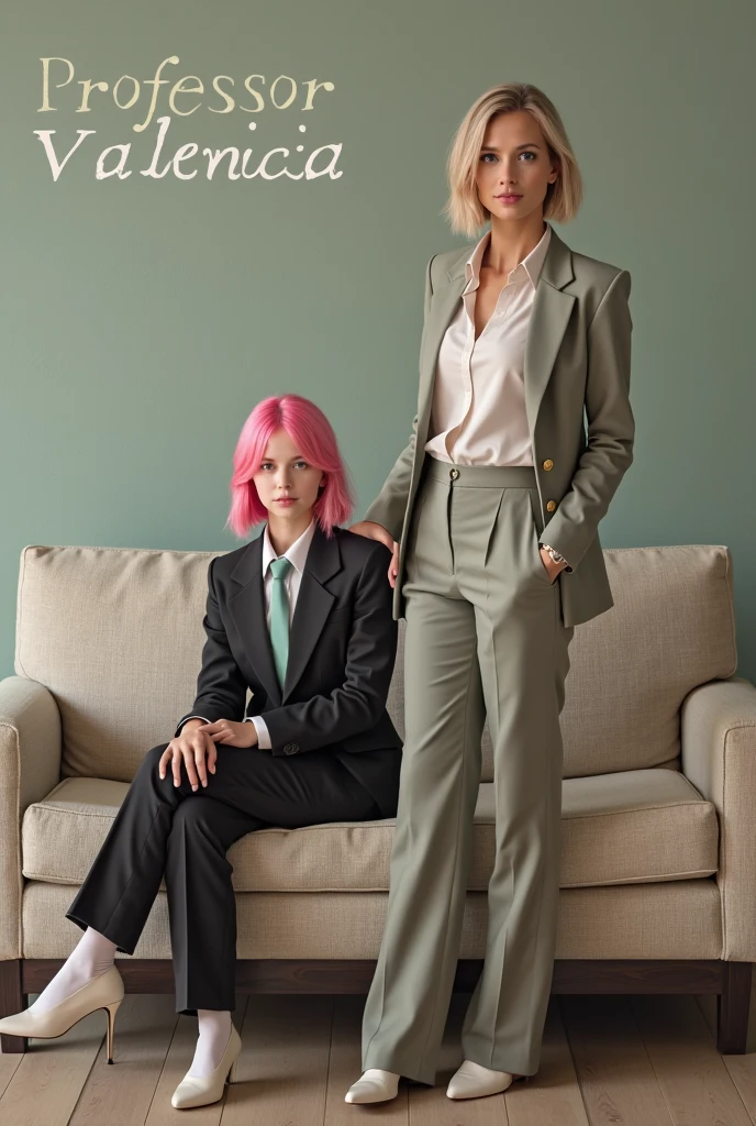 two attractive blonde women wearing olive green business suit jacket with pants, ((platform pumps)), white blouse, curly hair, sitting in office chairs, wetting, big smile,  stains are gleaming wet, pants really soaked with , 