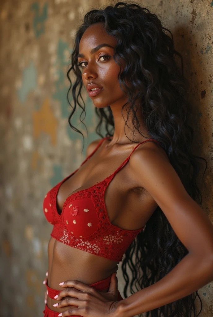 Soutien-gorge rouge, culotte rouge, posant, Timide, african femme, mignon, séduisant, belles dents, portrait, Visage uniquement, en sueur, femme, femelle, en plein air, soleil, lancer, heureux, réaliste, CASSER