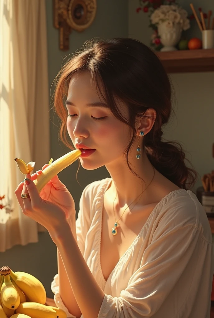 (8K),(Best Quality: 1.2),(Realistic),(Realistic: 1.37),Ultra High Resolution,(Single Woman),Image of a woman eating a banana for breakfast, pretty, smiling, mouth closed, thick lips, red lips, beautiful details, beautiful nose,(Bob Hair),,Selfie, From above, close-up of face, thin necklace,(Medium Shot: 1.2),She is wearing a floral lace bra.(Random Color Bra),(Big Breasts),Sexy pose, The soft lighting and background decorated with large pastel colored bananas create a dreamy and elegant atmosphere.
