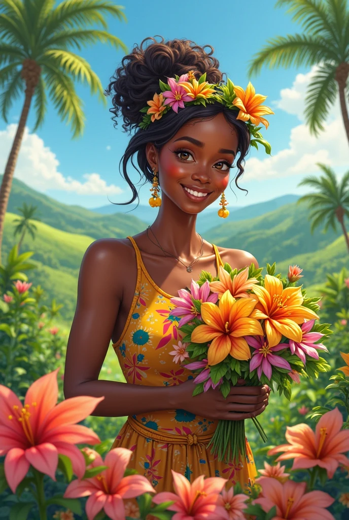 1girl, solo, long hair, blush, smile, black hair, hair ornament, dress, collarbone, closed eyes, flower, short sleeves, parted lips, belt, artist name, hair flower, dark skin, bag, dark-skinned female, leaf, floral print, red dress, plant, white flower, red flower, pink dress, facing viewer, pink flower, freckles, blue flower, curly hair, shoulder bag, yellow flower, purple flower, head wreath, orange flower, print dress
