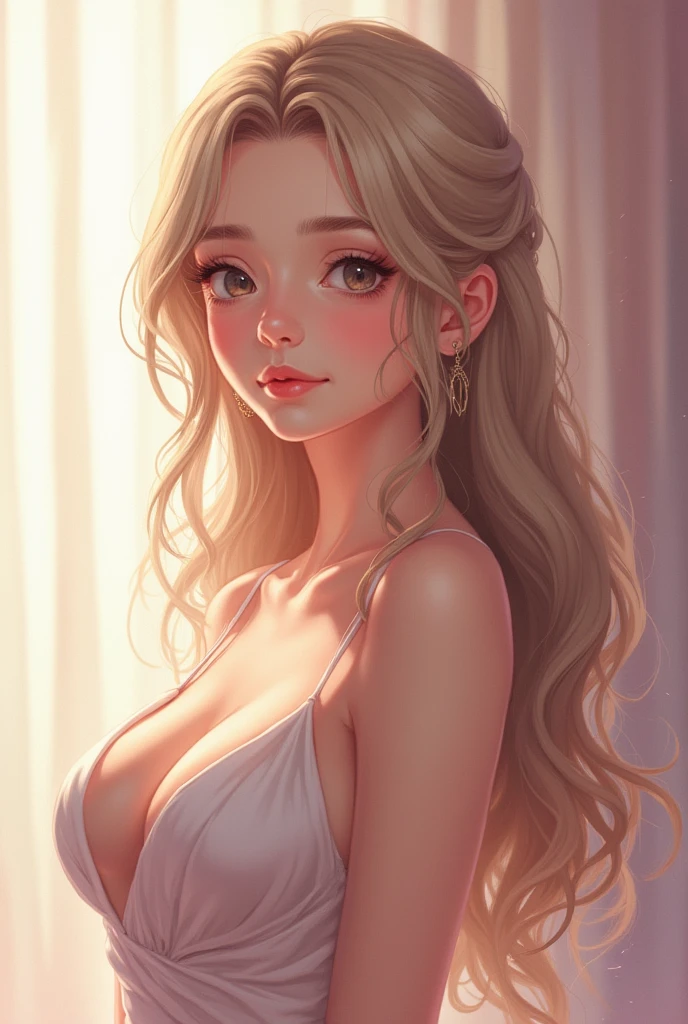 Beautiful girl with wavy long hair, anime style, No type of clothing on top, naked
