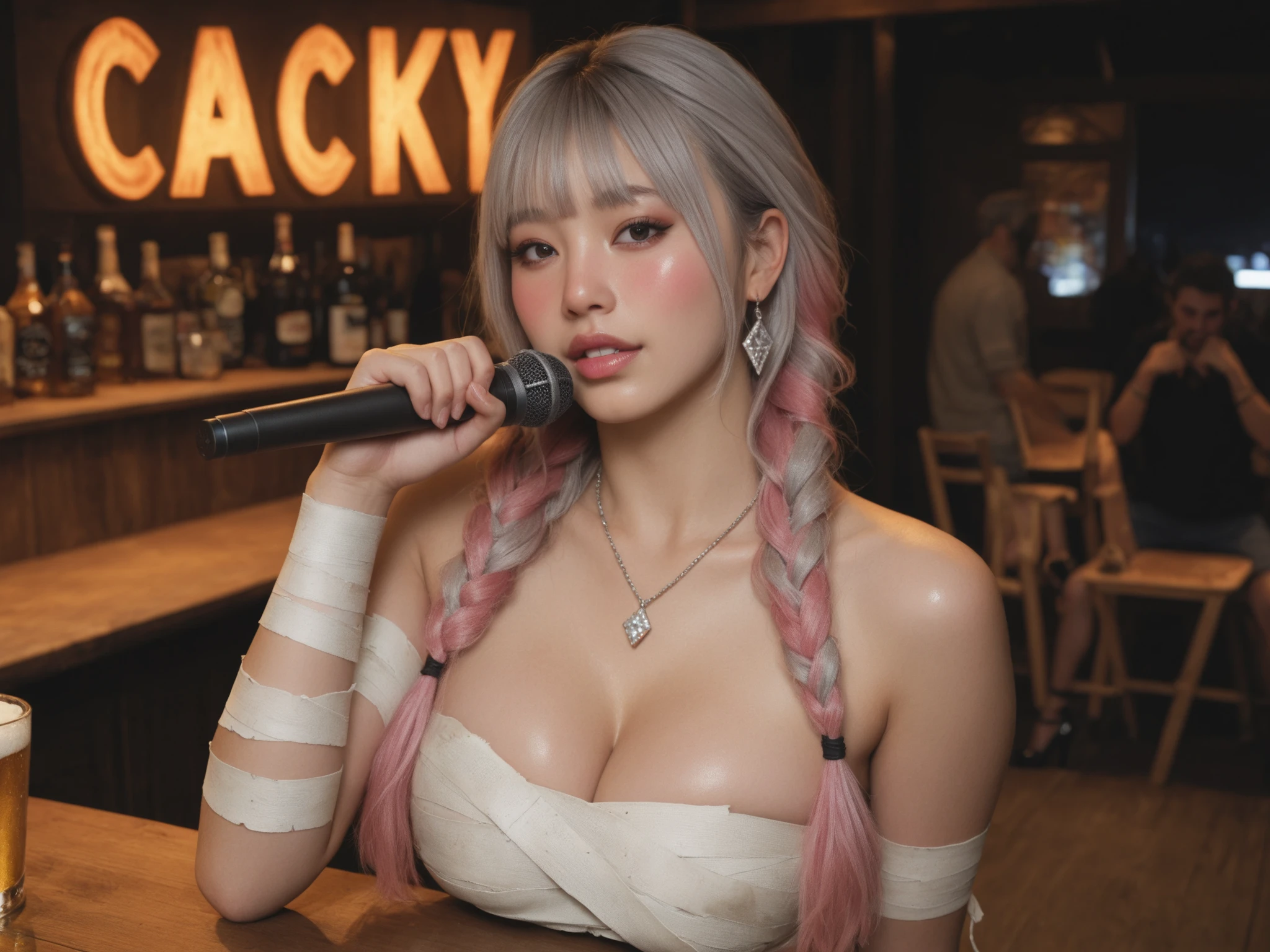  mummy costume, bandages, halloween costume, bandaged arm, big diamond necklace,high heels, hand bands, blush,, beach,,detailed,realism,, Best quality, masterpiece, ultra high res, (photorealistic:1.5), raw photo, 1girl, in the dark, deep shadow, low key, cold light, sexy look, long hair, multicolored hair, grey (hair) pink (hair), braided waterfall hair, makeup, massacrer, eyelashes, pink cheeks, glossy lips, cleavage, open chest, looking at the viewer,, seductive look, diamond earrings, thick lips,, curvy body, portrait,, closeup, portrait, half body portrait, leaning in, in a beer bar, holding a microphone, performing, singing pose, crowded fans, 