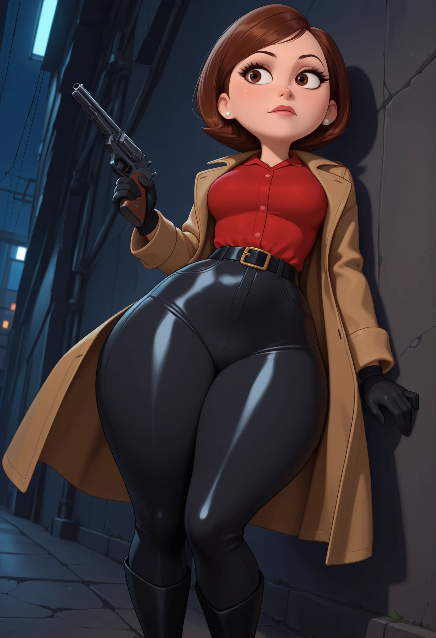Helen Parr , mature female, medium hair, Bob_cut, brown hair, brown eyes, big eyes, long eyelashes, medium breasts, narrow waist, thick thighs, huge hips, fair skin, thin hands, earrings, makeup, pink lips, lipstick.|  1girl,  dark alley, back to wall, night, holding weapon, gun, wide hips, pamistyle, blue, pants, trench coat, leather coat, boots, black pants, belt, black gloves, collared shirt, goth fashion, intricate clothing
