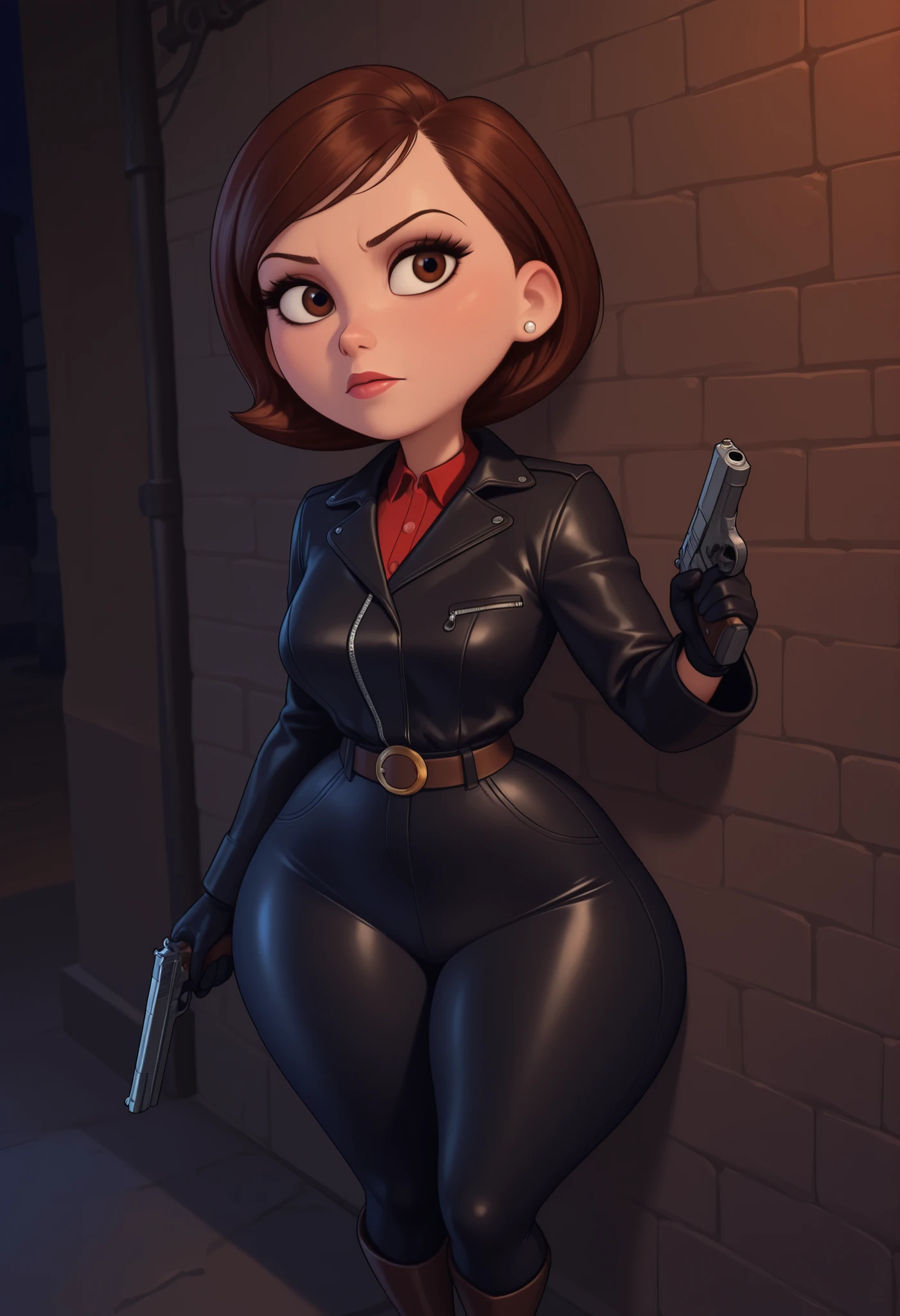 Helen Parr , mature female, medium hair, Bob_cut, brown hair, brown eyes, big eyes, long eyelashes, medium breasts, narrow waist, thick thighs, huge hips, fair skin, thin hands, earrings, makeup, pink lips, lipstick.|  1girl,  dark alley, back to wall, night, holding weapon, gun, wide hips, pamistyle, blue, pants, trench coat, leather coat, boots, black pants, belt, black gloves, collared shirt, goth fashion, intricate clothing