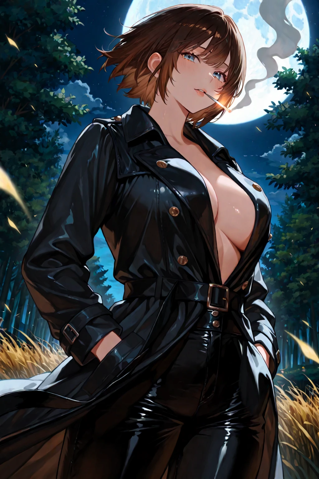 （（super high quality,））（（Ultra-high resolution,））（16K,）（super masterpiece,）（（Ultra HD ,））（Detailed shading,）Looking up from directly below,One sexy woman,Brown short hair bouncing out,popped Tight collar Yellow shirts,Unbutton your shirt down to your chest,Long sleeve,Cleavage,Black tight skirt,Crescent-shaped earrings,Crescent Necklace,Ecstatic smile,blush,Lean forward diagonally,Put one hand on your head,Night sky with moon and stars,