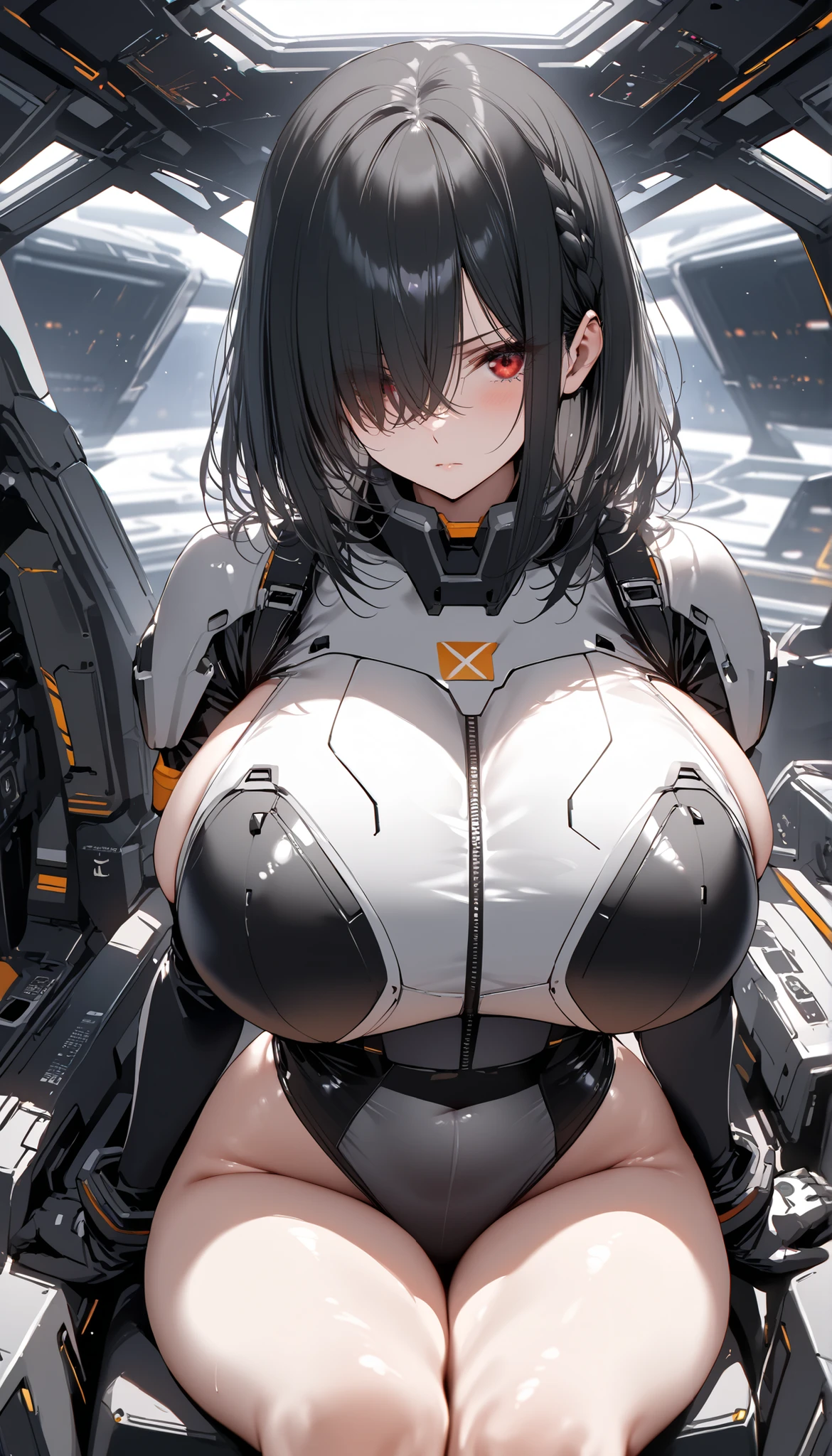 masterpiece、Top image quality、Black hair、Black bra、Colossal tits、mechs、animesque、8K,masterpiece, bset quality,Colossal tits、(1girl in)、((Pit Girl Suit))、shinny skin、Shiny big、dark-brown eyes、 ((top-quality))、 Crisp focus:1.2、Highly detailed facial and skin texture、A detailed eye、face perfect、perfect bodies、art by、nffsw、Blur the background、japanes、Big breasts with a strong presence、Circuit field、Blur the background、Cowboy Shot、