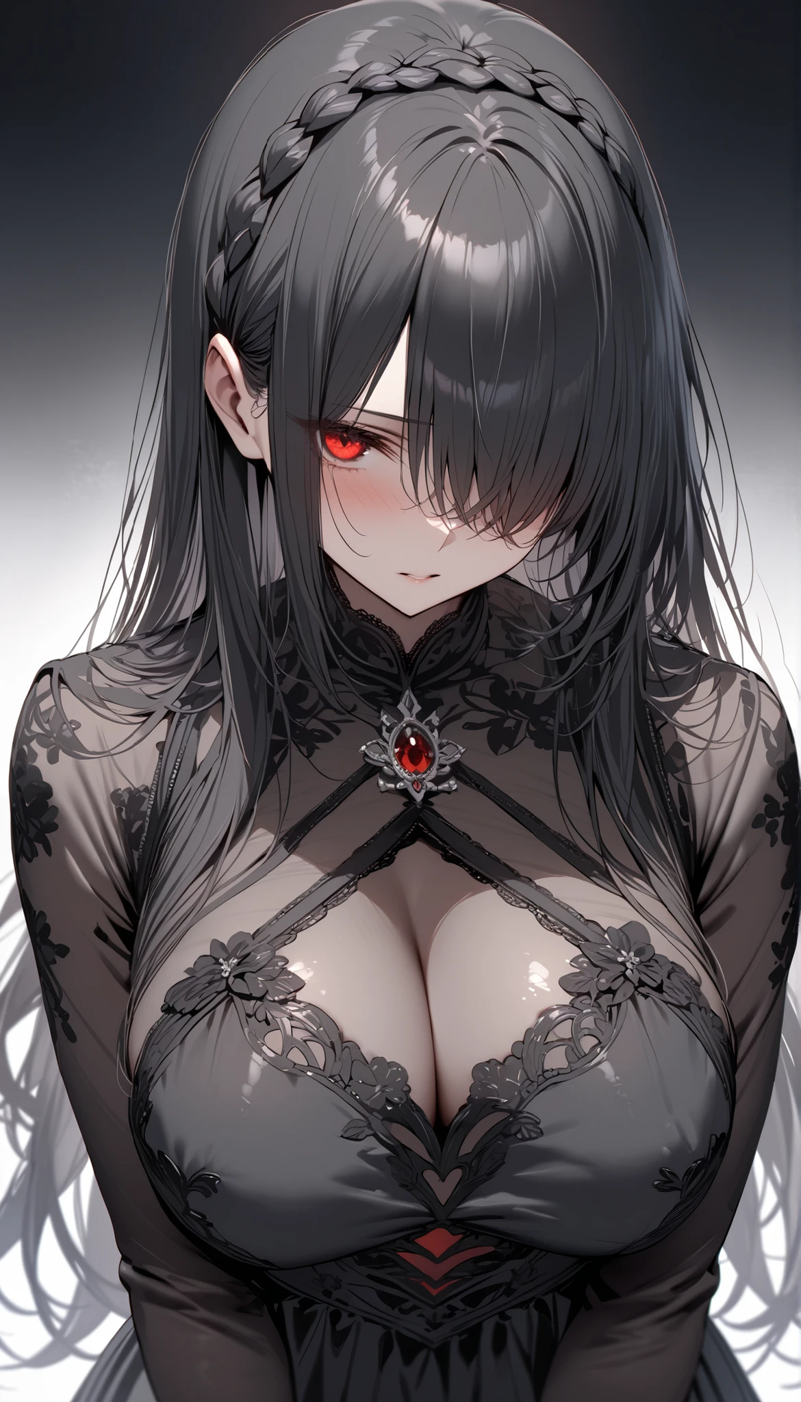 masterpiece, zoom out, score_9, score_8_up, score_7_up, portrait, 1 girl, alone, black hair, long hair, long split bangs, red eyes, black sclera, small smile), evil, parted lips, expressionless, big breasts, top , Basic dress with straps and V-neckline, black bottom, best quality, long split bangs.