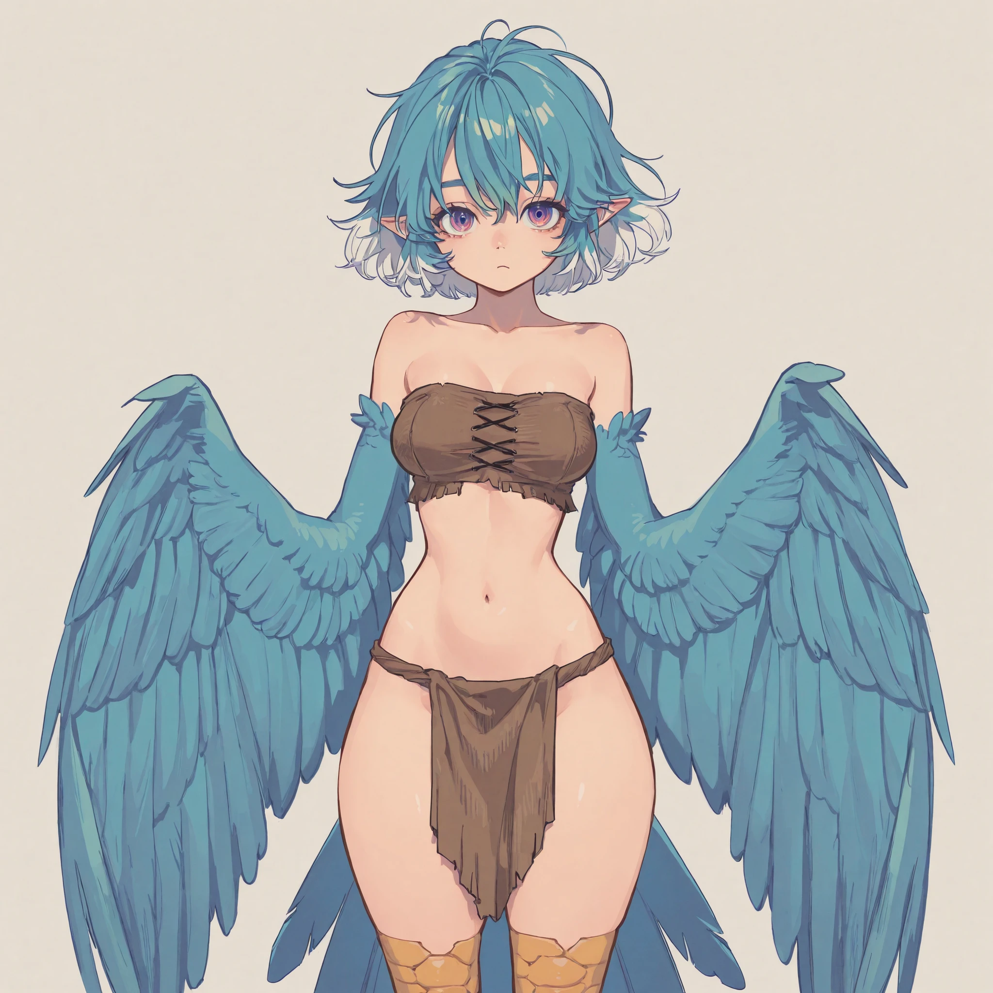 masterpiece, ultra-HD, impressionism, high detail, best quality, very aesthetic, 8K, best quality, beautiful, ultra-high resolution, 32K UHD, 4ki4k4ne_illu, 1girl, solo, harpy, blue feathers, short messy white hair, blue hair, multicolored hair, purple eyes, pointy ears, bird wings, winged arms, wings instead of arms, bird tail, feathers, bird legs, medium breasts, narrow waist, wide hips, thick thighs, shapely legs, strapless top, loincloth, primitive clothes, bare belly, blushed, curious, cute, standing, looking at viewer, simple background, from the front view