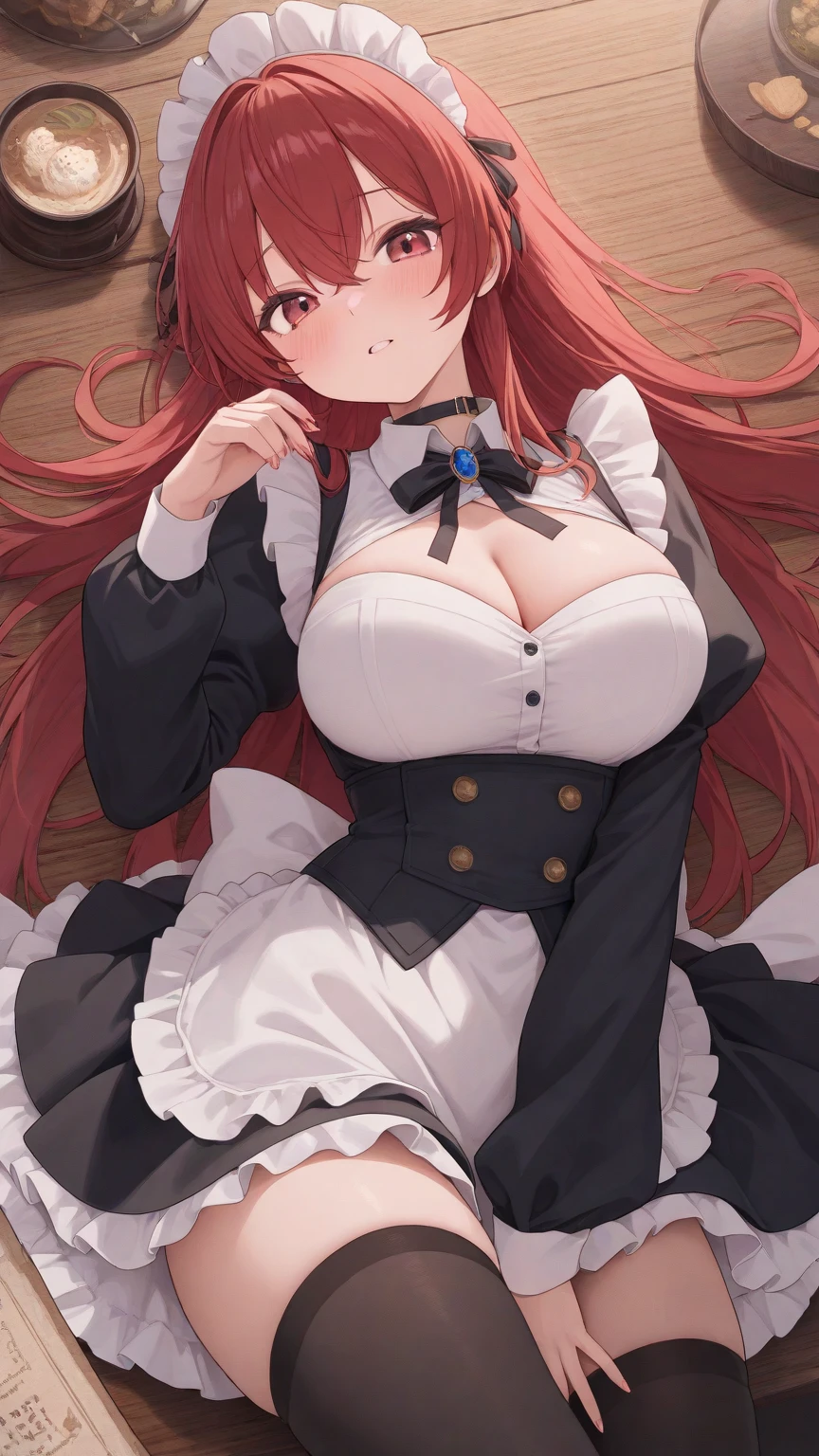 (Masterpiece, Top Quality), One Girl, (Skirt Flip: 0.8), (Leaning Forward: 0.3), Bowing, Full Length, Looking Down, Gazing, Resting, Girl, Makima, NSFW, 16 Years Old, Short Height, Maid, Maid Cap, Red Hair, Braided, Side Braids, Gentle Look, Close Eyes, Big Tits, (Lipstick: 0.8), Black Bread Black pantyhose, Loafer, Laughing, Sleeping, Close mouth, Resting Background, Indoors, Cafe