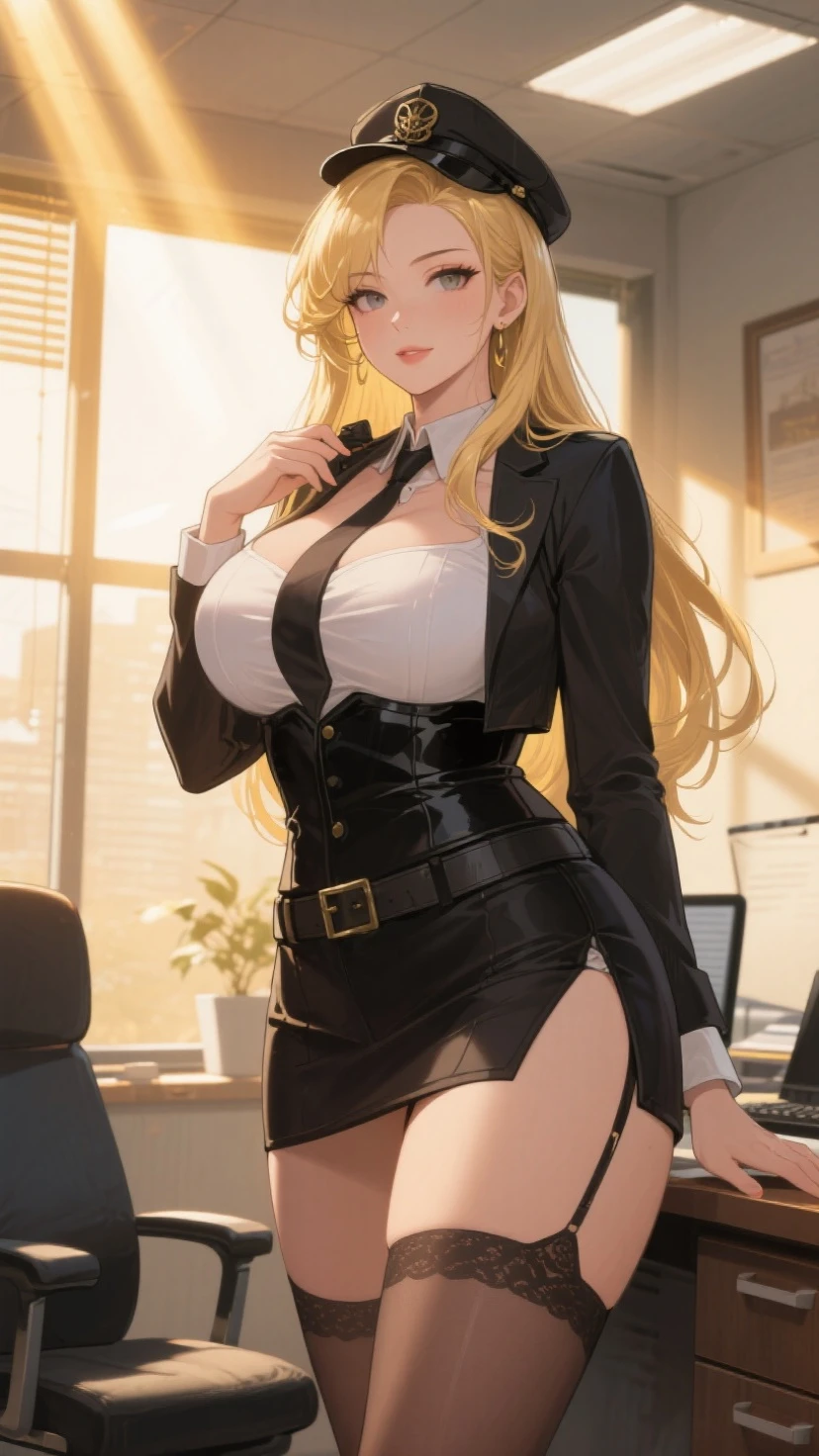 (Best quality at best,8K,A high resolution,tmasterpiece:1.2),Digital artwork,A woman，35 years old，mature looking，tall nose bridge，Frenchman，golden long hair，straight hair，With a gentle expression, Depicted from head to toe，big breasts，no bang，detailed face, black formal suit with fishnet stockings，wearing no frame glasses，in the castle，secretary outfit