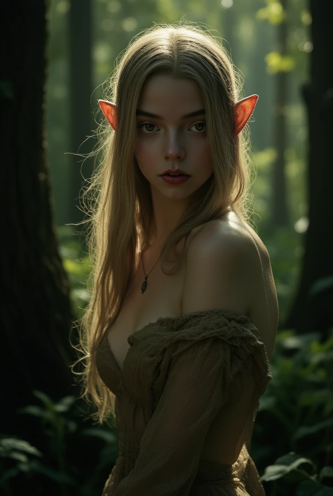 (1fille),(elfe),(blonde),(tien un arc dans la main),(dans une forêt),(habit traditionnel elfique),(face a nous),(detailed face),(poitrine moyenne)