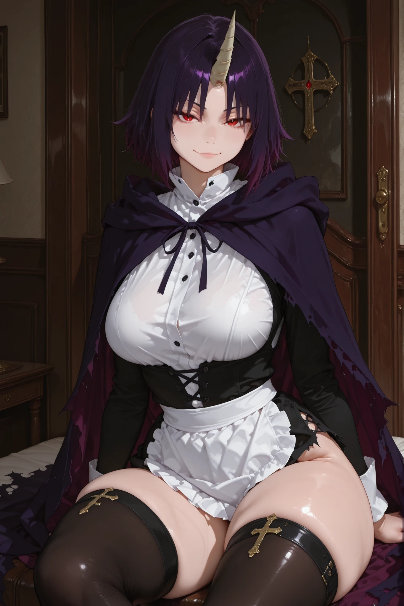 red eyes , torn cape , single horn , purple cape , single horn , red eyes , purple hair , , klencv2 , frown ,maid outfit,wide hips, thick thighs,1girl,sitting cross-legged,smile,looking at viewer,My room