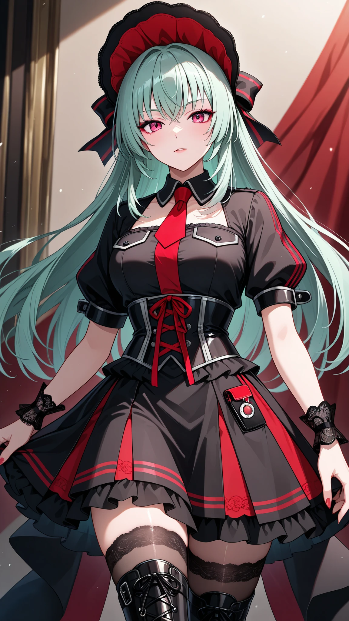 solo, kanzaki_saya,  long hair, mature woman, Tight waist、Small waist、shiny Skin ,  (upper body), Transform clothing into gothic lolita detective style: knee-length black dress with layered frills and lace apron adapted into a detective corset, ribboned small bonnet, lace cuffs, subtle magnifying glass or pocket notebook, black stockings and elegant boots, deep red accents, velvet and lace textures, theatrical moody light, anime high detail. beautiful shading, anime-style illustration, 8k resolution, ultra HD,