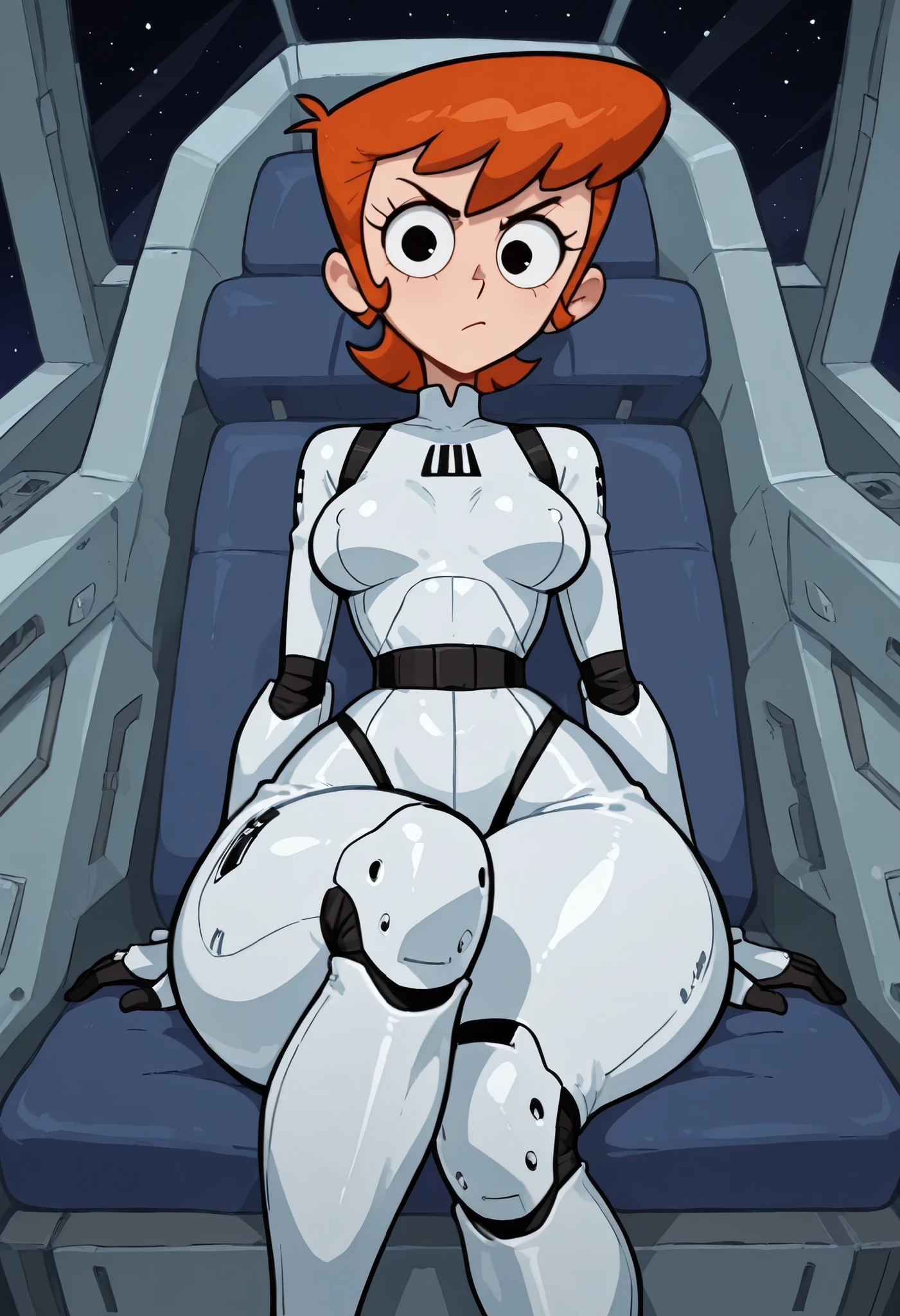 dextersmom, mature female, short hair, slightly curly hair, ginger, black eyes, big eyes, long eyelashes, small , rounded , narrow waist, thick thighs, gigantic , gigantic .  | masterpiece, best quality, highres, absurdres, very awa, 1girl, solo, lmndef, sidelocks, hair between eyes, stormtrooper, armor, cockpit, science fiction, (space:0.9), reclining, arm support, knee up, looking at viewer, v-shaped eyebrows, closed mouth