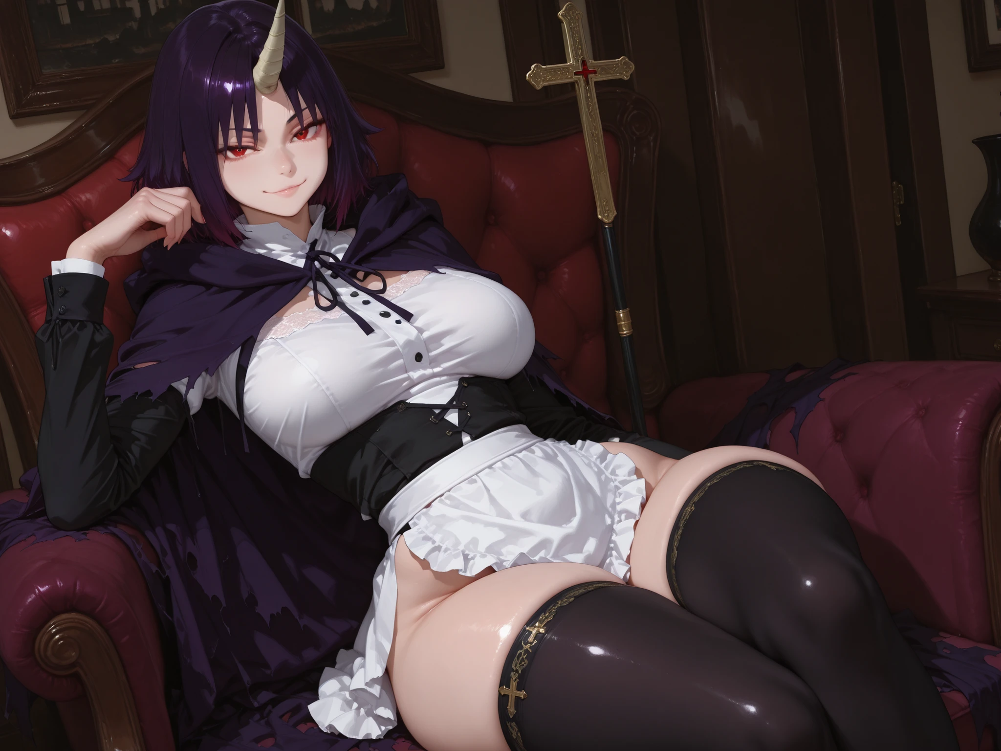 red eyes , torn cape , single horn , purple cape , single horn , red eyes , purple hair , , klencv2 , frown ,maid outfit,wide hips, thick thighs,1girl,sitting cross-legged,smile,looking at viewer,My room