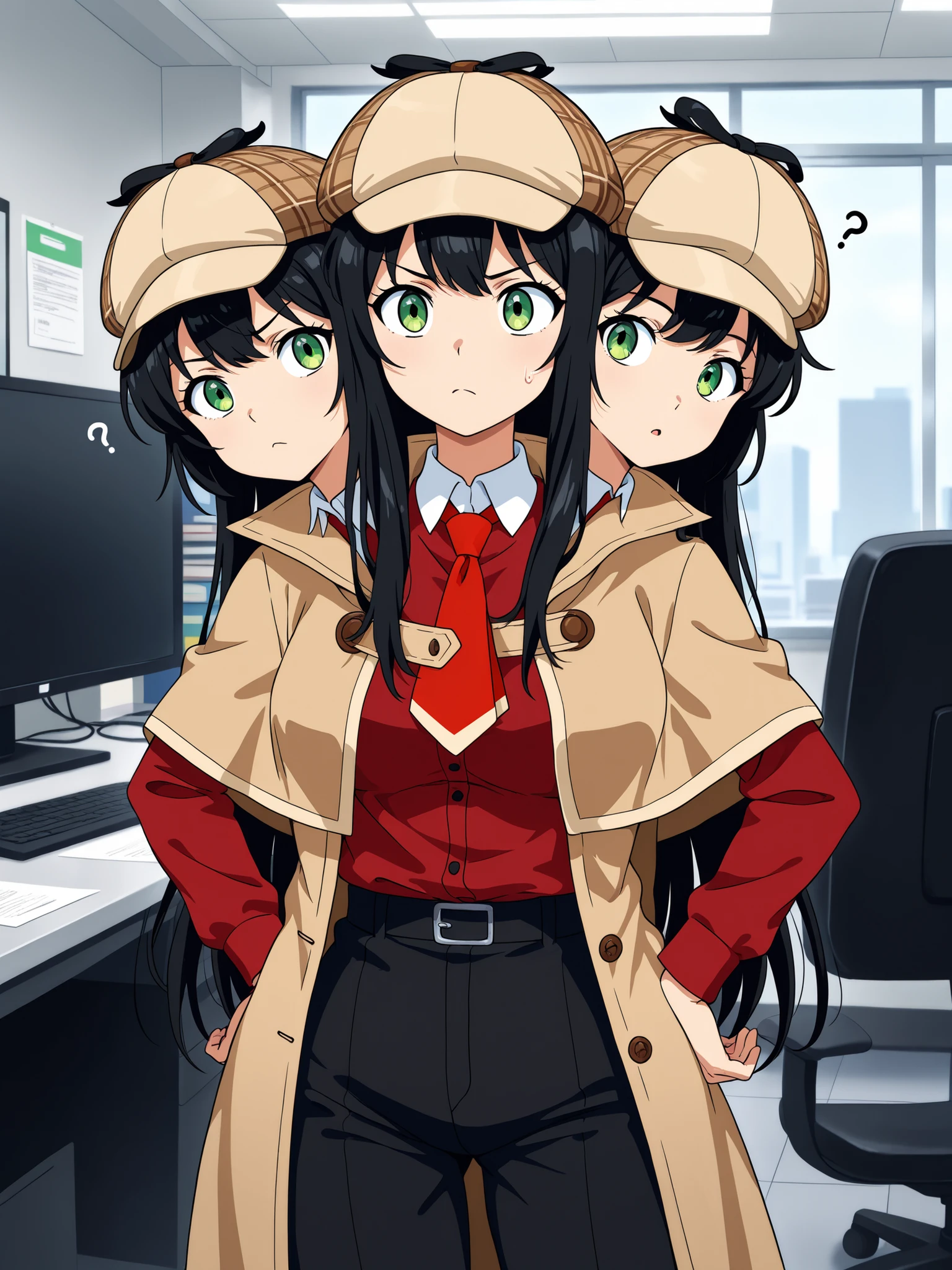 conjoined, anime girl with three heads, detective, black hair, green eyes, confused, looking around an office
