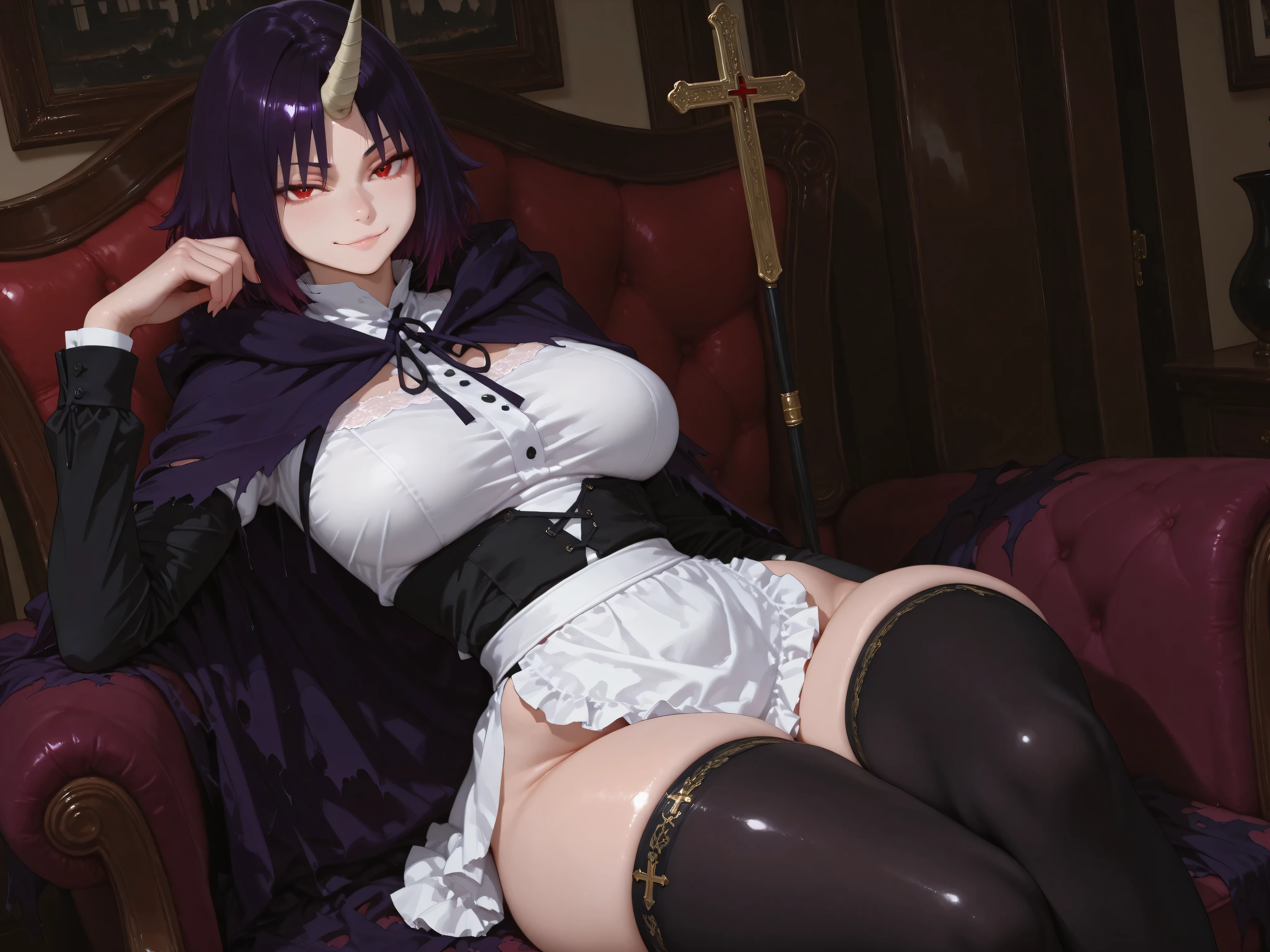red eyes , torn cape , single horn , purple cape , single horn , red eyes , purple hair , , klencv2 , frown ,maid outfit,wide hips, thick thighs,1girl,sitting cross-legged,smile,looking at viewer,My room