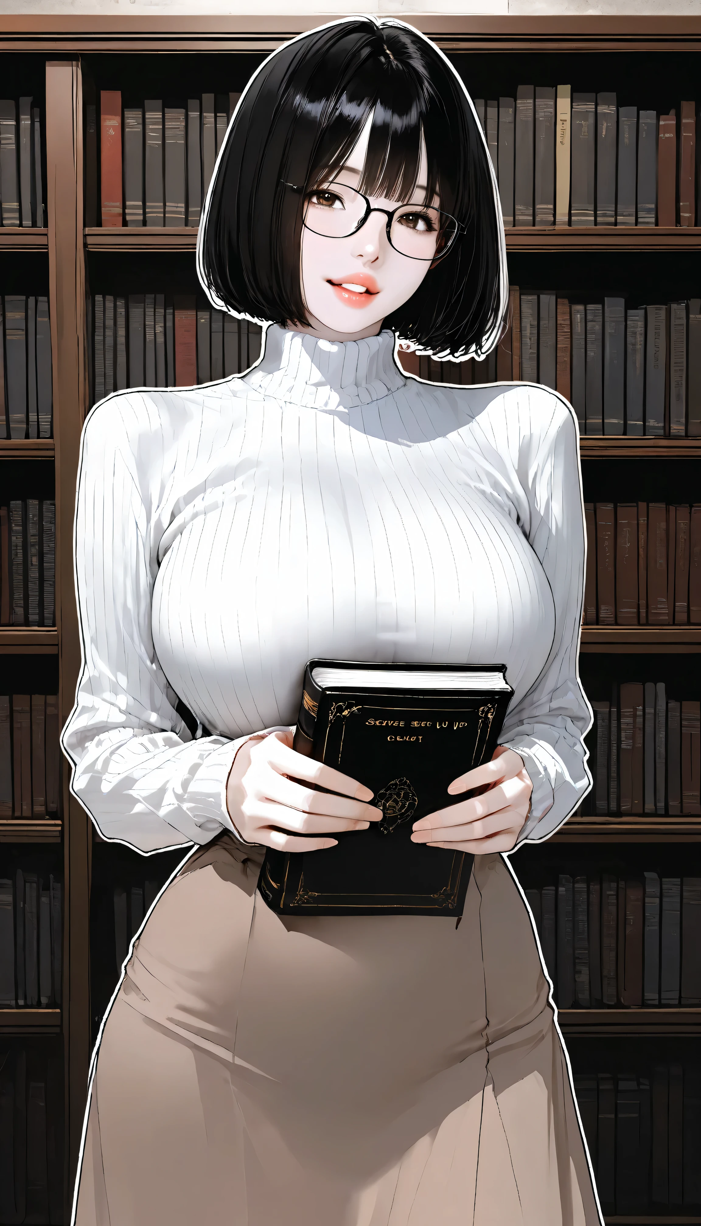 maorix,big breasts,8k, 32K, score_9, score_8_up, score_7_up, score_6_up, score_5_up, score_4_up,masterpiece, best quality, (hyper realistic) ,(cel shading), (solid color illustration), (limited color palette), (vector art style),white outline, (line art),(Anime girl), (anime illustration style),(flat design),
short dark hair, bob cut, bangs, brown eyes, pale skin,thick lips,(tareme:1.3),half closed eyes,Double eyelids, wide mouth,
wearing glasses, black frames, wearing white ribbed turtleneck sweater, long brown skirt,
at the library,Bookshelf,holding book,standing,looking at viewer, evie grin,