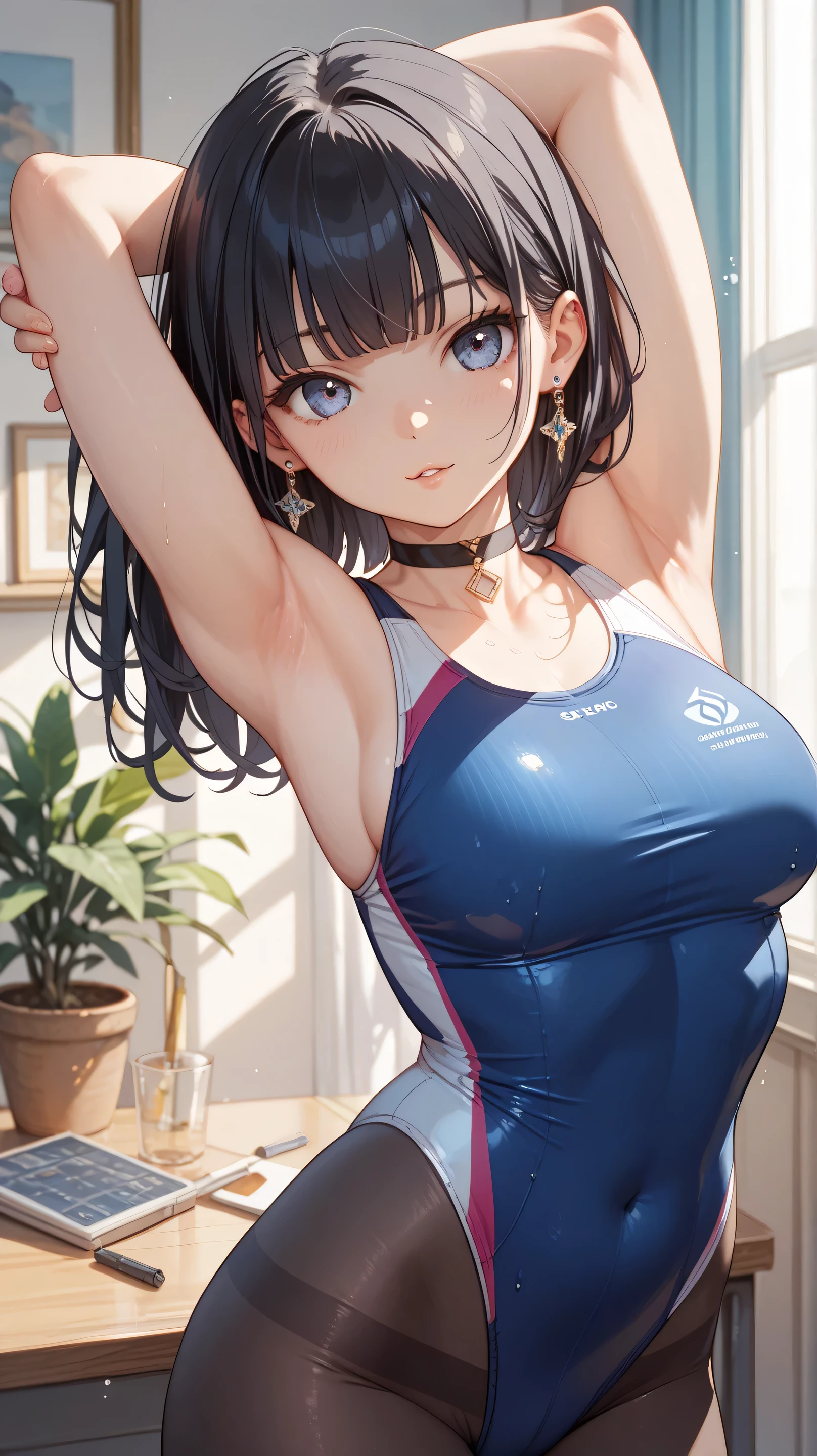 Perfect, masterpiece, (best quality, highres:1.2), 1girl, beautiful detailed eyes, beautiful detailed lips, extremely detailed eyes and face, long eyelashes, medium:oil painting, vivid colors, HDR, studio lighting, ultra-fine painting, sharp focus, physically-based rendering, extreme detail description, portraits, ((organized fingers)), curvy body, large breasts, perfect shape, facing viewer, sweaty, gorgeous, ((arms up)), sleeveless, straddling, smile, black hair, blue eyes, armpits visible, sweaty armpits, glasses, blue highschool swinsuit