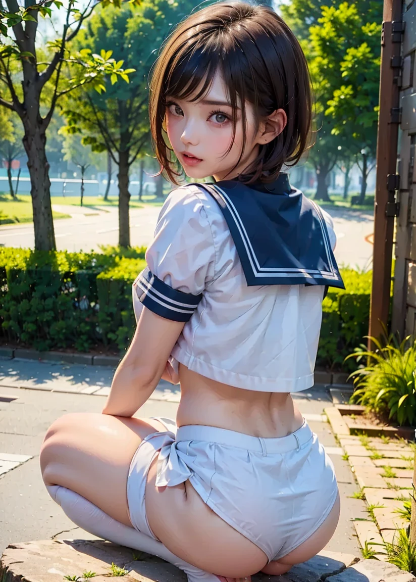 (Hires), (1girl), (18yo), (adult body), (adult body ratio), (cute school girl), (sitting on the floor), (looking at the viewer), (wide breast gap), (flat tiny busts), (blushed face), (detailed skin), (bodyhair:0.5), (black eyeliners), (spreading legs), (white underwear), mathayom uniform, white shirt short sleeves, black pleated long skirt