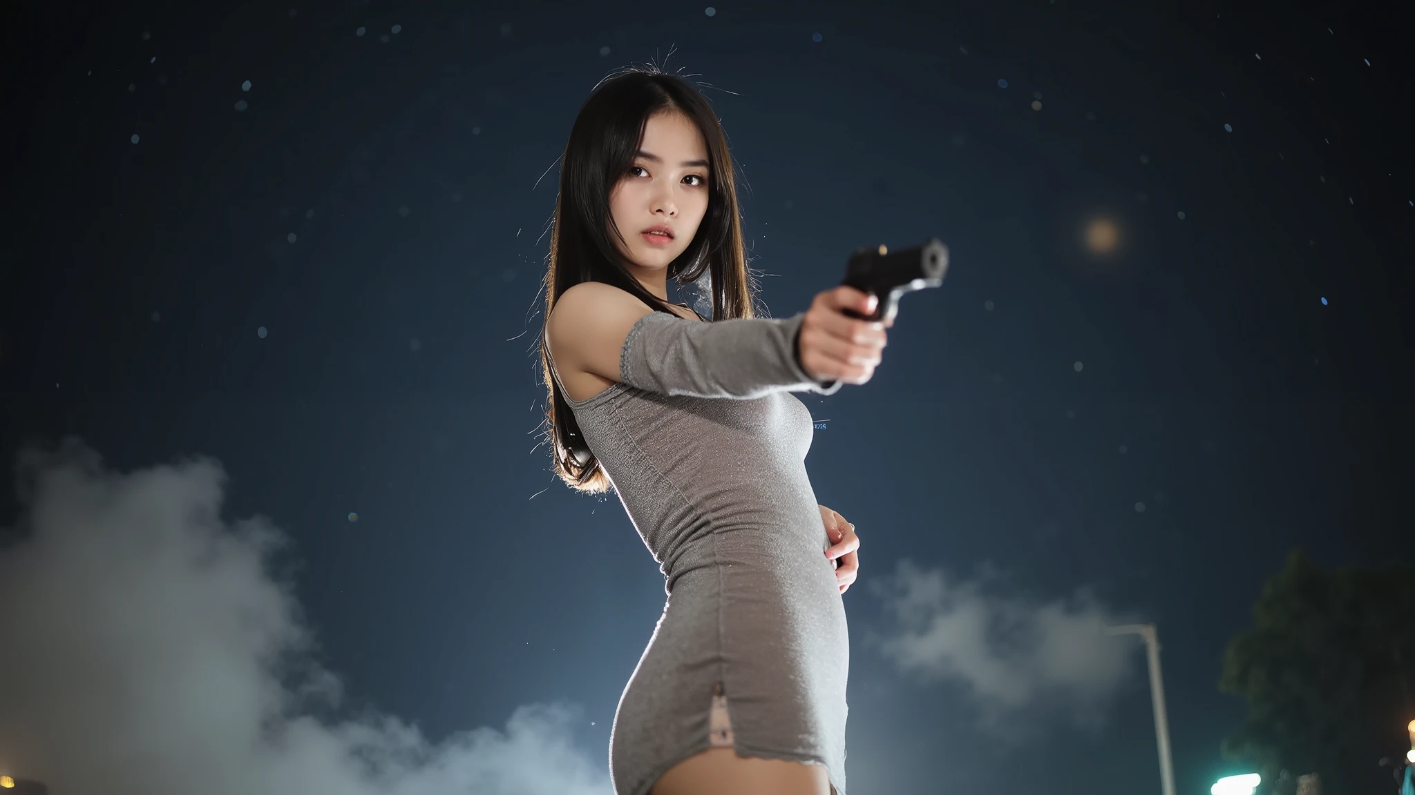 (((low angle view))), a 19-year-old woman under the beautiful starry sky, divine atmosphere, foggy, large-breast:1.2, (((side boob))), transparent:0.1 short:0.1 white shift dress, slim:0.6 body, cold face, slim face, (((aiming viewer with pistol))), (((G-string micro ))). background portrait, darken background.
