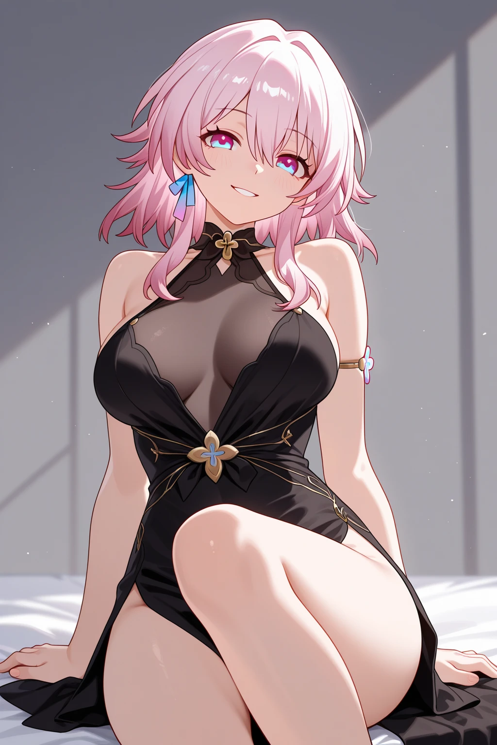 A beautiful evil lady leader ,pink hair, wearing a short skirt, Blue eyes, gazing condescendingly at the viewer with a cute grinning expression, ((heart marks are floating in background, kiss, ble a kiss)), ((liying on the bed))), (((opening your legs))), extremely detailed ,masterpiece quality, ultra-detailed, HDR, vivid colors, physically-based rendering, thick muscular thighs, beautiful muscular thighs, attractive buttocks, very strong wrestler, High resolution, masterpiece, accurate, Anatomically correct, Winner of numerous awards, 最High quality, detail, High detail, High quality, quality, retina, Very detailed, Textured skin, Ultra high definition,