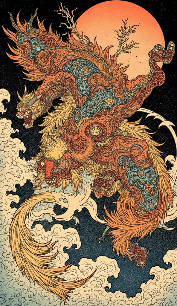 Close-up of colorful horse with long mane, Asura in Chinese mythology, ancient Chinese art style, cyan Chinese dragon fantasy, mythical creatures, mythical creatures, Chinese dragon concept art, ancient Chinese gorgeous, smooth Chinese dragon, Barong family members, Chinese mythology, ink flowers, inspired by Puhua, an ancient creature, qigong, (unicorn: 1.3)