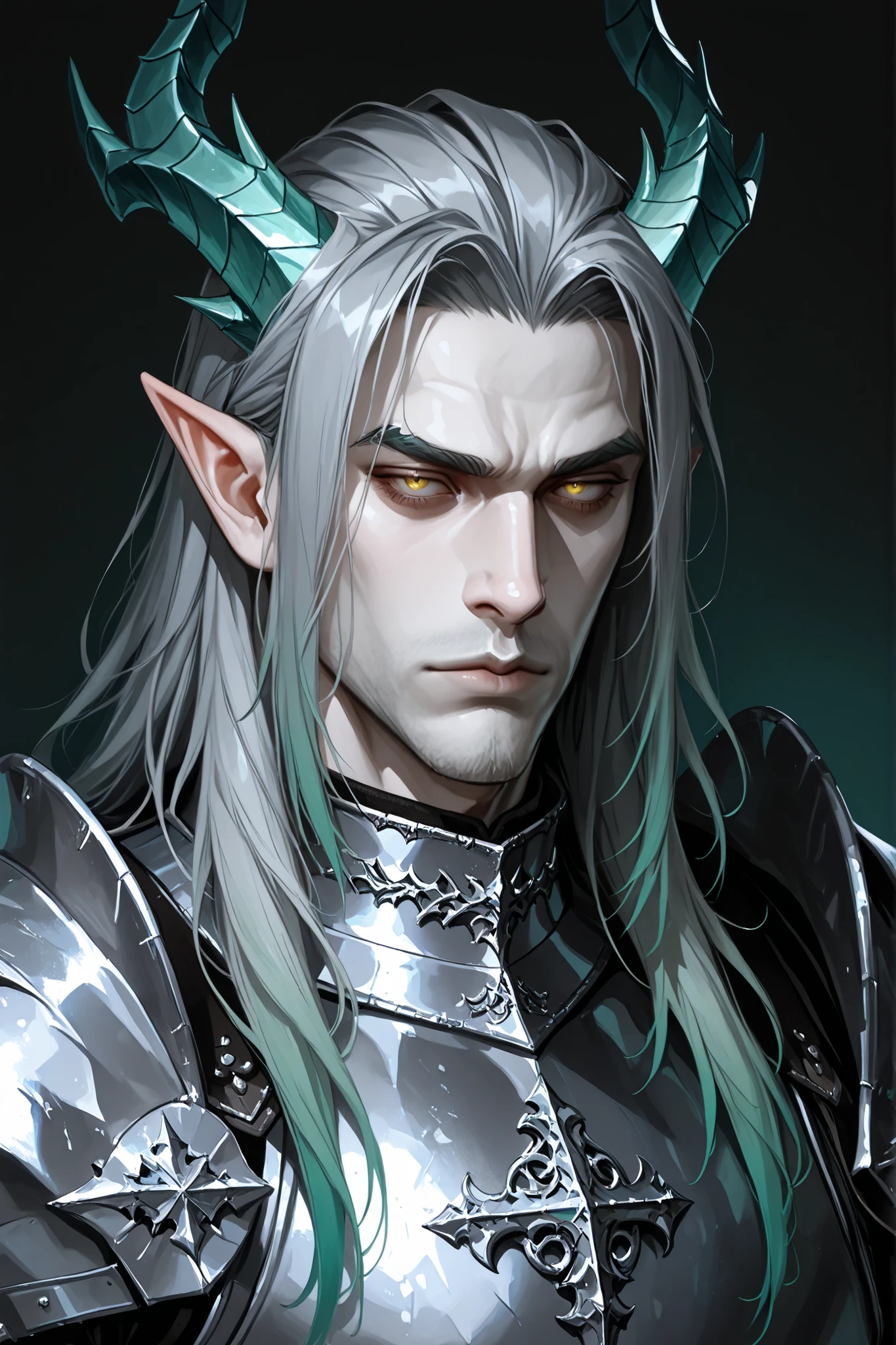 high quality, masterpiece, portrait, natural pose, pale skin, adult male, pointy ears, dragonic horns, manly, handsome, muscular, long grey hair with green tips, hair color transition, gradient hair color, yellow eyes, wearing silver gothic medieval plated armor. anime art style, dark background