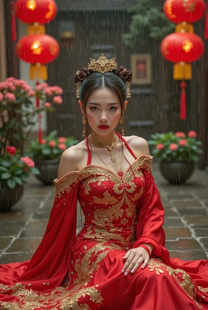 A beautiful Korean girl with  sexi body with big  in red and black Linggery costume stands confidently in front of the black dragon game Mahjong Ways Black Scatter with a tense and festive atmosphere, clear black dragon background. protruding breasts attract the attention of the audience.  looks full body 