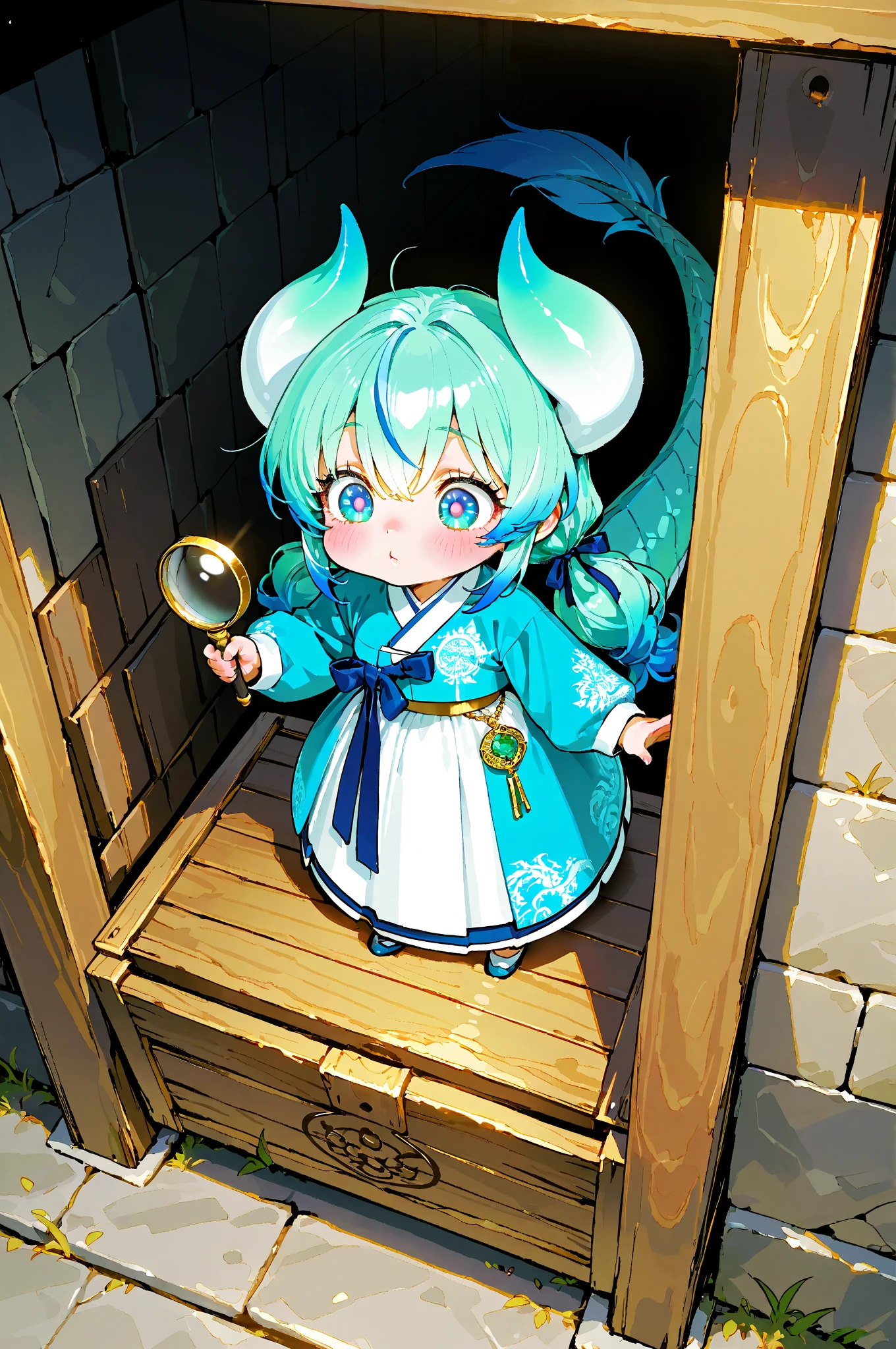 (IBG), ((((masterpiece)))), ((((top quality)))), high resolution, 32K, ultra HD, absurdres, chibi, super cute, extremely adorable and elegant, fantasy themed, 1girl, solo, center composition, tiny body, big round head, round face, bright emerald eyes, wide surprised eyes, soft blushing cheeks, fluffy sapphire blue hair with green tips, low twin ponytails with gold hair ribbons, ivory dragon horns, jade ornaments, sapphire-blue dragon tail, jade highlights, miniature royal Korean hanbok, pale blue and white, golden dragon embroidery, detective-style overcoat, waist magnifying glass, jade accessories, both hands slightly raised in surprise, standing still, watching in amazement as a group of tiny chibi mouse girls, even smaller than her, walk in a neat line through the alley, narrow empty alleyway, aged stone walls, scattered wooden crates, faint warm light filtering in from above, daytime