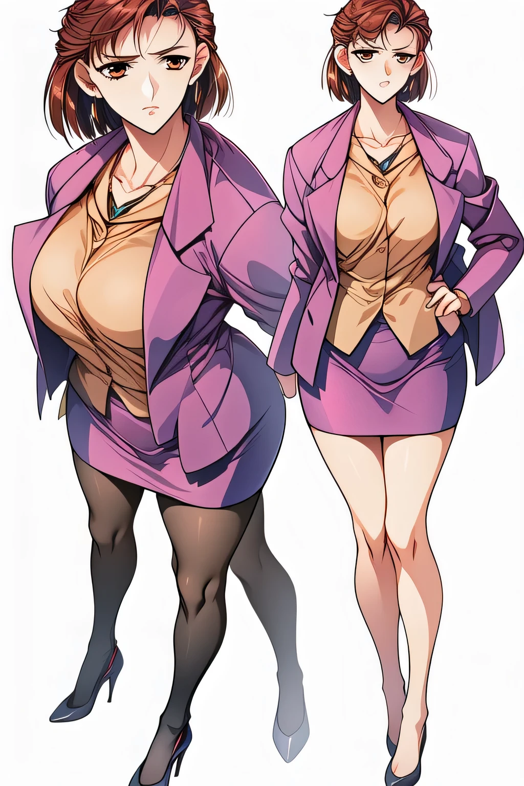 Can you draw a female detective,,a woman thinking with her arms crossed, ，can you draw a more delicate expression?，（short red hair） can you delicately draw a thinking expression,， ,Brown Blazer,   Female Teacher ，miniskirt，,amazing thighs ，Beautiful legs，High Heels，is standing，,don't trim her face with facial expressions first，