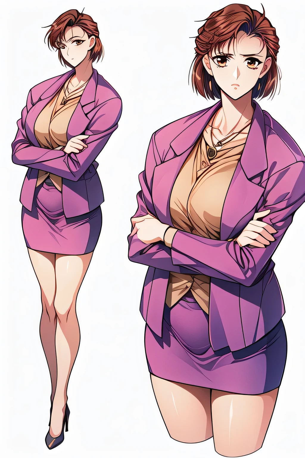 Can you draw a female detective,,a woman thinking with her arms crossed, ，can you draw a more delicate expression?，（short red hair） can you delicately draw a thinking expression,， ,Brown Blazer,   Female Teacher ，miniskirt，,amazing thighs ，Beautiful legs，High Heels，is standing，,don't trim her face with facial expressions first，