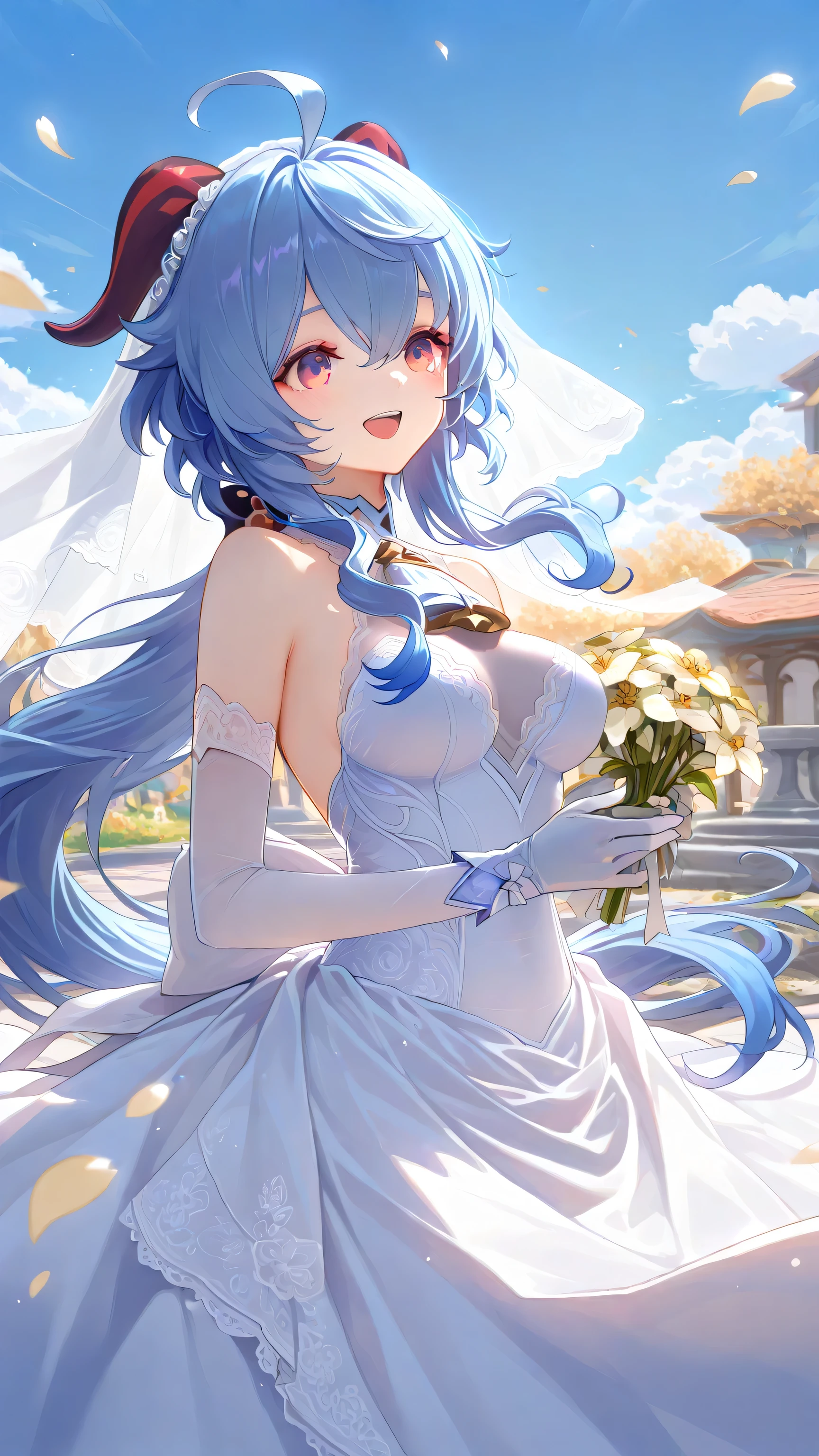 1 girl, From_Ganyu\( Genshin\),Ganyu,Pure White Wedding,Wedding Dress,Veil,White tie,Lace,White Gloves,Smile,Open your mouth,happy,outdoor,Flowers,blue sky and white clouds, Highly detailed, High Contrast, ray tracing, best lighting , cinematic composition, Pretty faces ,best quality, is very beautiful, ultra high res, Detailed Background, comics, Pastel Details ,See, Cafe with a soft atmosphere , style, solo,well-crafted hair and eyes,Petals Falling,Advanced CG illustration