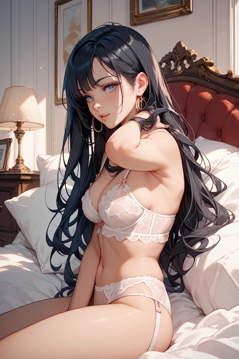 (Enrich the picture,Masterpiece level quality)Beautiful 8K CG artwork,Goddess-like posture,Kneeling exercise,Slim and soft,Translucent skin,Black hair、The aesthetic look of extra-long and messy hair,The skin is fair and juicy,Big JK Uniform,Perspective Part 1.2x enhanced silhouette effect,Exquisite transparent blues pattern in pajamas,The details are intricate and exquisite,The background is slightly blurred,Charming and lustful leg seduction,Drool,Extra-large big breasts,Blush,