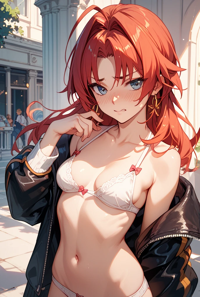 An anime girl with red hair and blue eyes wearing a skirt and an open shirt revealing a black and red bra