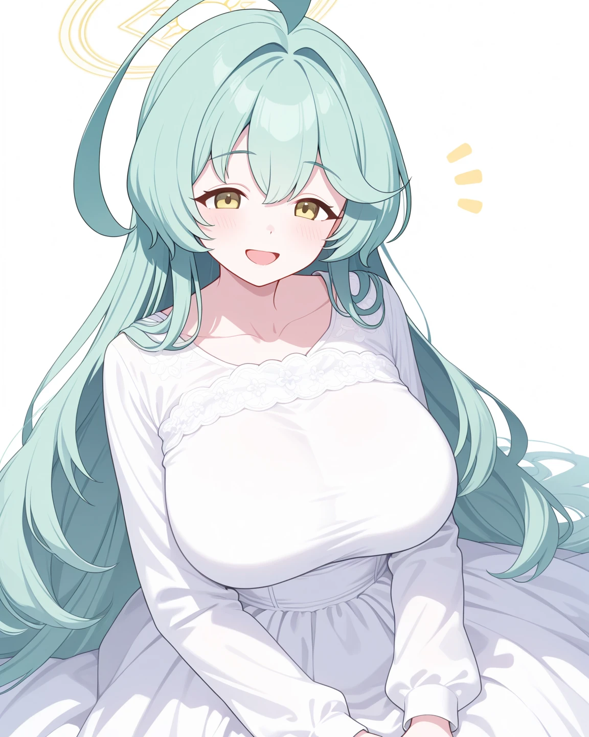 Neryll Tu Odelschwank, Green hair,yellow-eyed, skull, face markings,Large breasts,ssmile , Open your lips, Happy, Room Wear