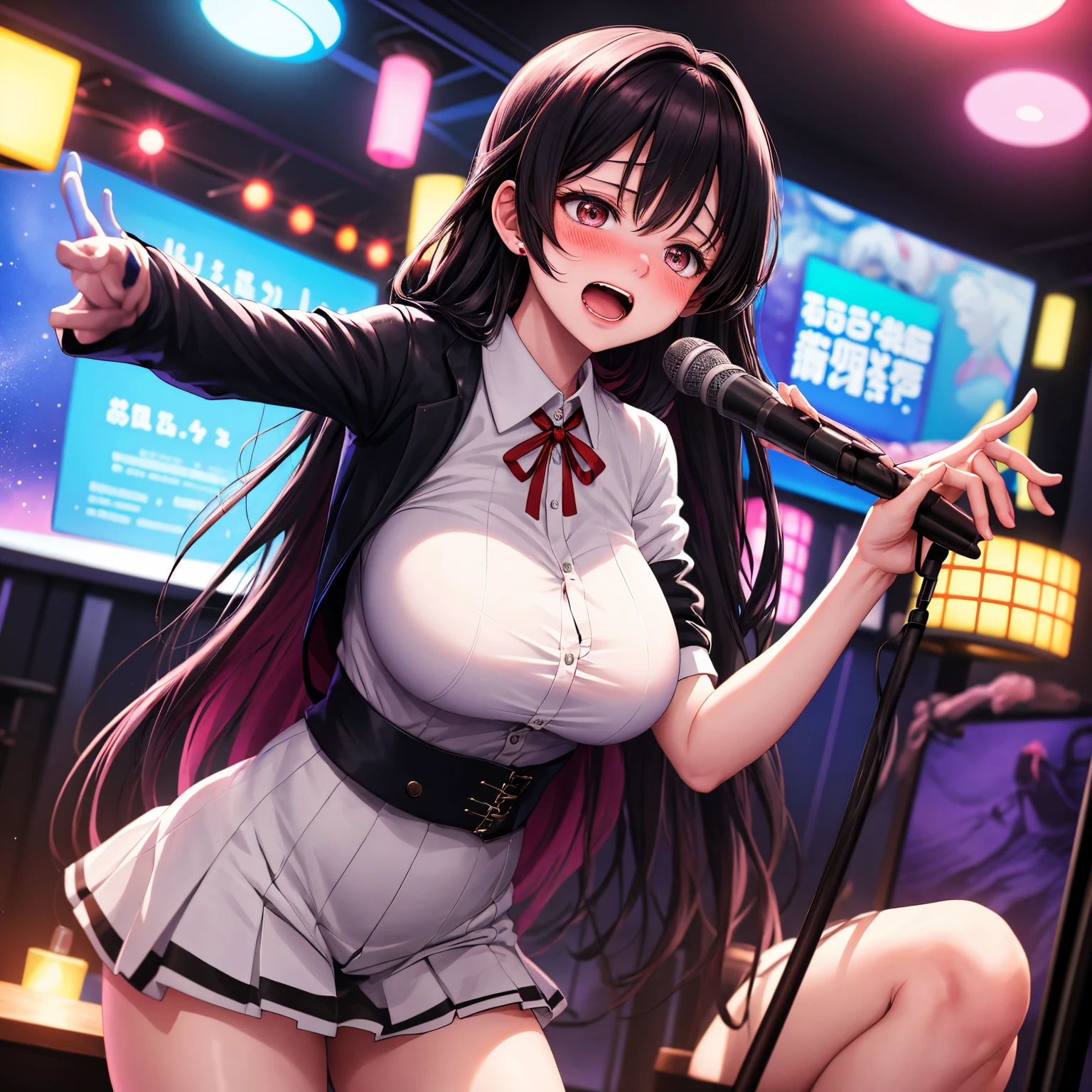 masterpiece, ((Highest quality, Detailed and realistic 3D))、Idol Concert、((Concert Stage、Detailed stage equipment))、(3 人のcute裸の女の子、Are thin、cute:1.3、smile、Singing on a microphone:1.3、Mr.々Hair style、pubic hair)、(((Full nudity、Pussy)))、(Realistic and detailed skin texture、Big beautiful eyes、Ribbon Hairband、Idol Costumes、Ultra mini skirt)、((The characters are unique、Mr.々Hair style
