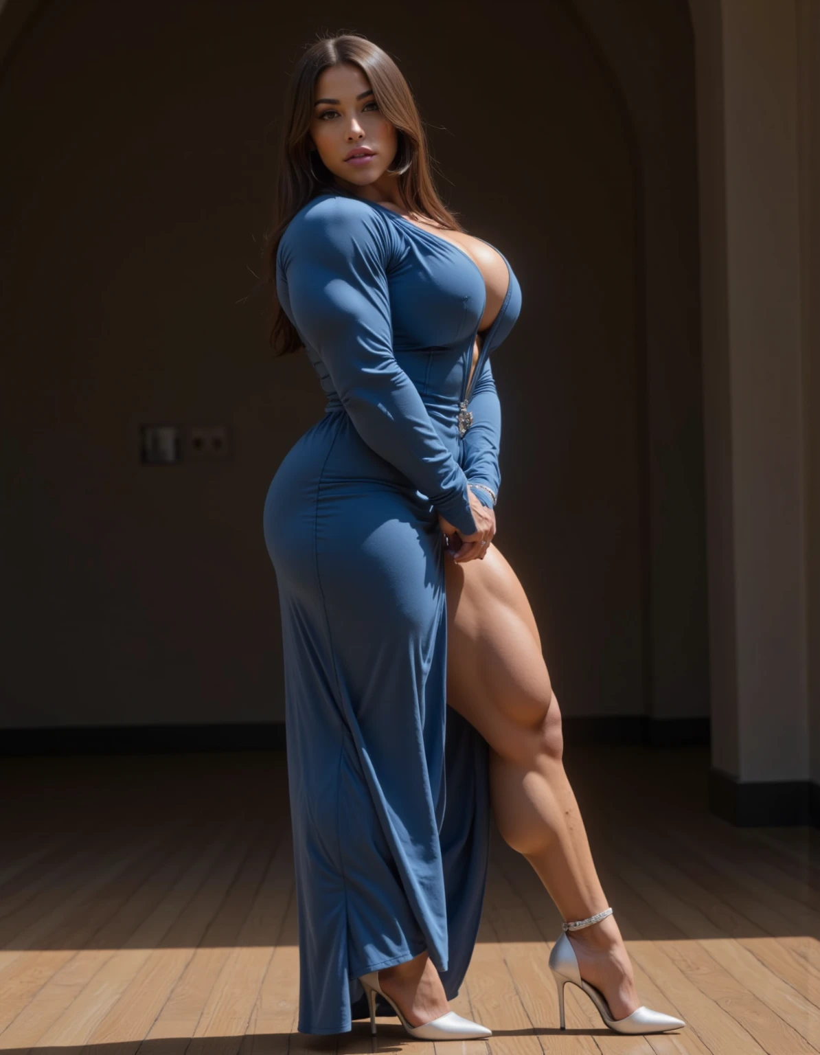 ((photorealistic)), young girl, big girl, cute, view from below, looking up, cleavage, smiling, blue eyes, grey eyes, deep blue eyes, pupils sparkling, ((bodybuilder)), hypermuscle, (massive muscles), (unreal muscles), swole, (freakish muscles), broad shoulders, (muscular thighs), wide hips, (mega hips), huge hips, broad hips, wide pelvis, huge ass, huge breasts, giant breasts, (huge implants), fake tits, (mega breasts), stiff nipples, (hard nipples), narrow waist, (extreme hourglass), (big hair), (absurdly long hair), ass length hair, (mega bimbo), full lips, pout, big lips, tight dress