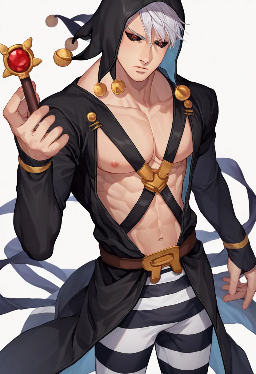 Chrollo Lucilfer, forte, com bandana, com vestes medievais preto, Manhwa stroke style, Homem adulto, de grande estatura, muscular appearance, with pants, com camisa medieval